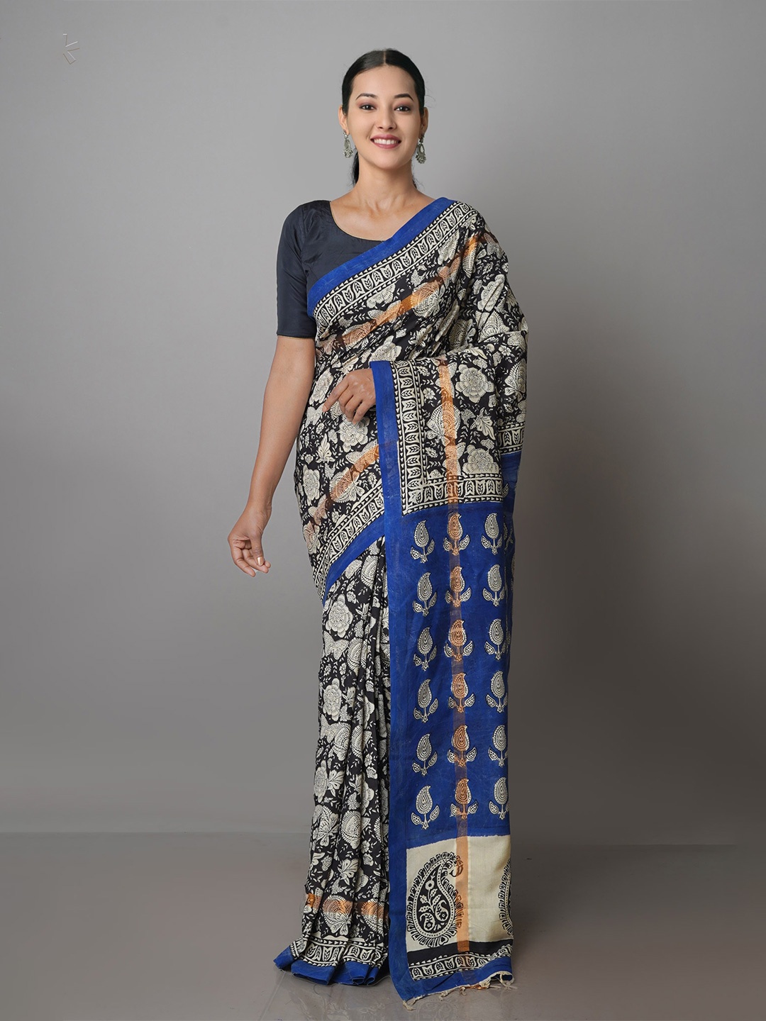 

Unnati Silks Floral Printed Zari Silk Cotton Chanderi Saree, Black