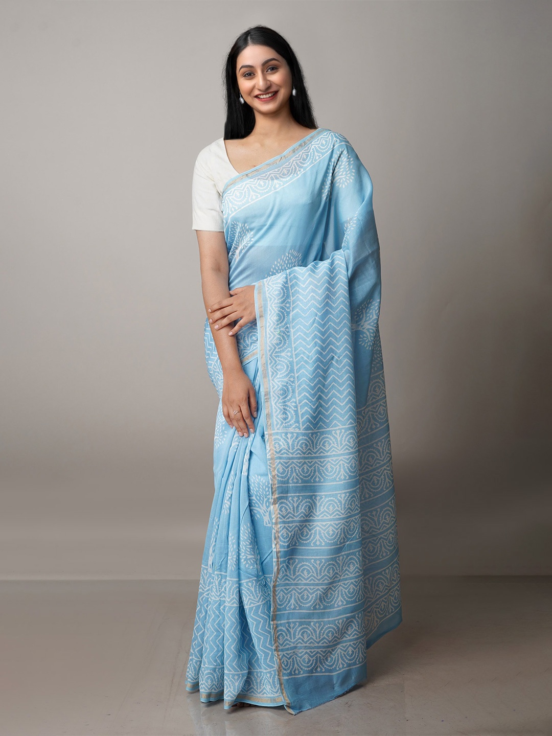 

Unnati Silks Ethnic Motifs Zari Silk Cotton Chanderi Saree, Blue