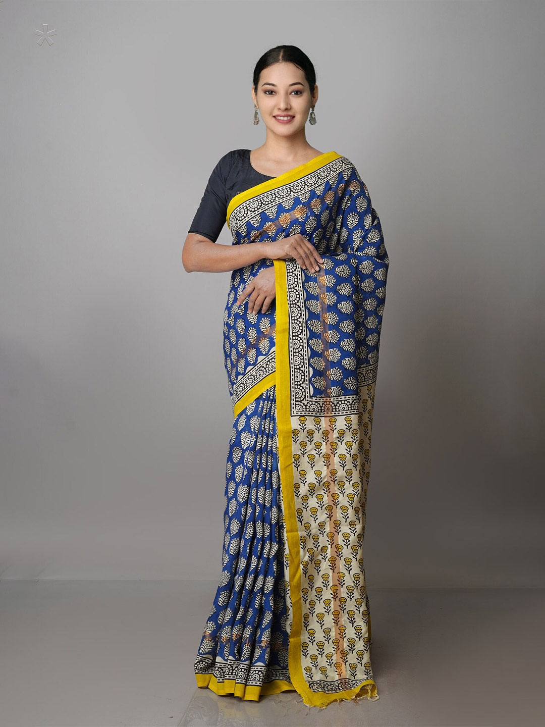 

Unnati Silks Ethnic Motifs Zari Silk Cotton Chanderi Saree, Blue