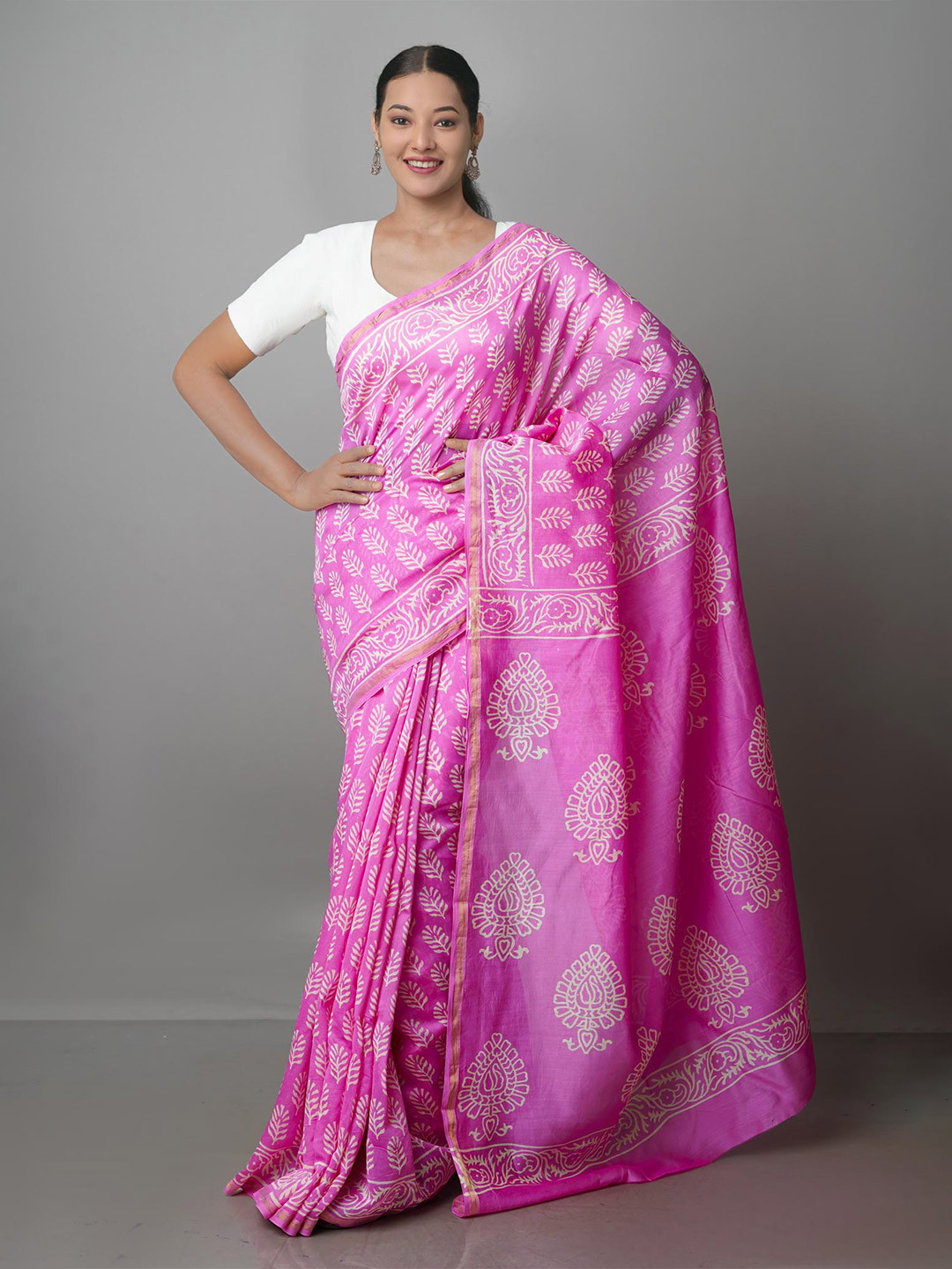 

Unnati Silks Batik Silk Cotton Chanderi Zari Saree With Blouse Piece, Pink