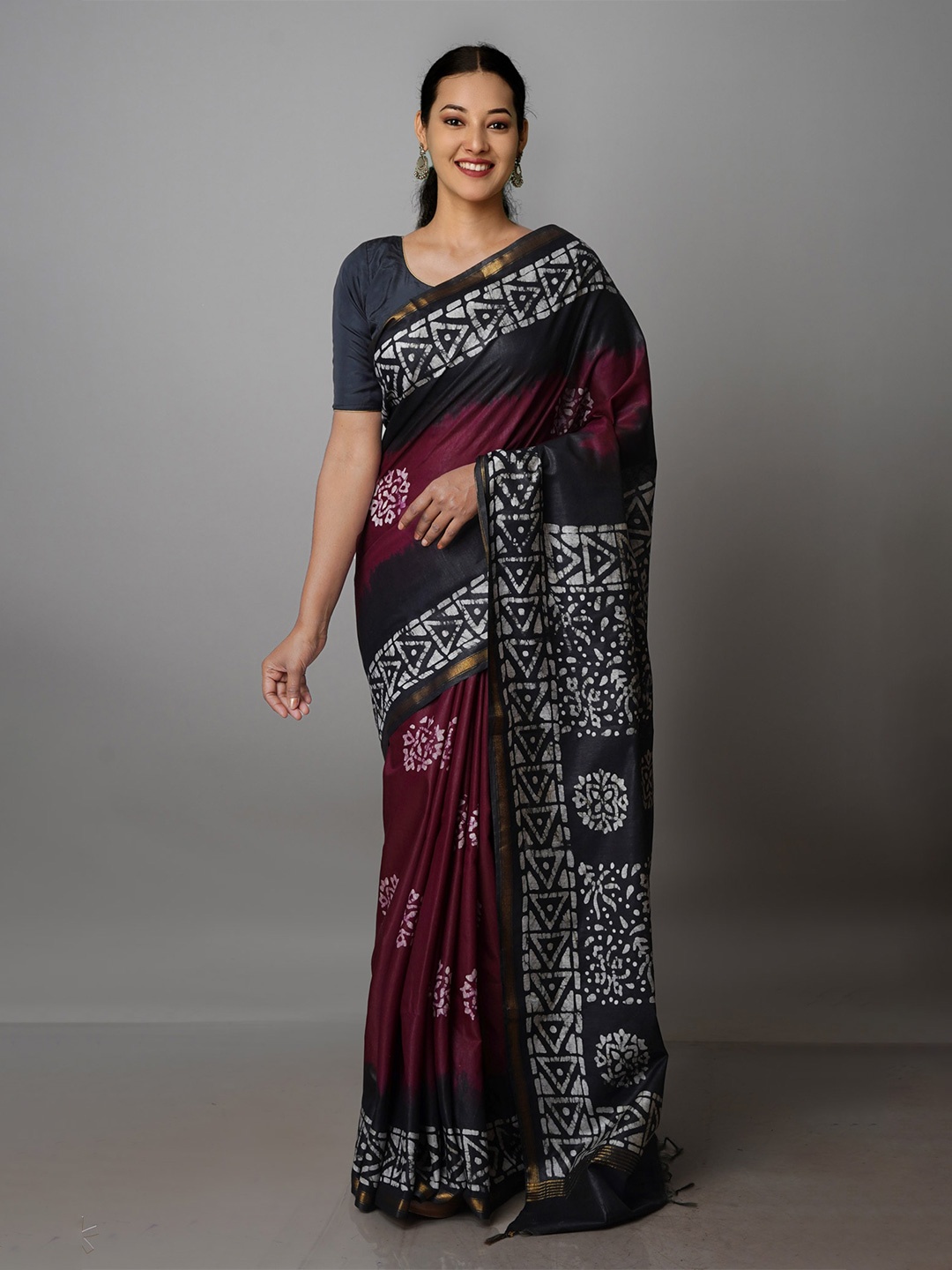 

Unnati Silks Batik Printed Zari Pure Silk Chanderi Saree, Burgundy