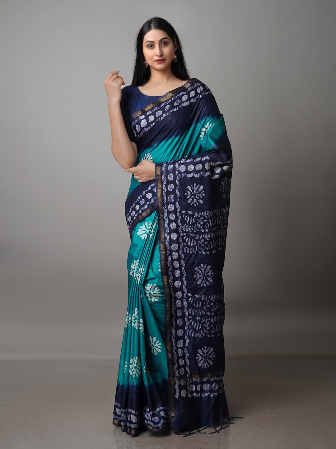 

Unnati Silks Batik Pure Silk Chanderi Zari Saree With Blouse Piece, Green