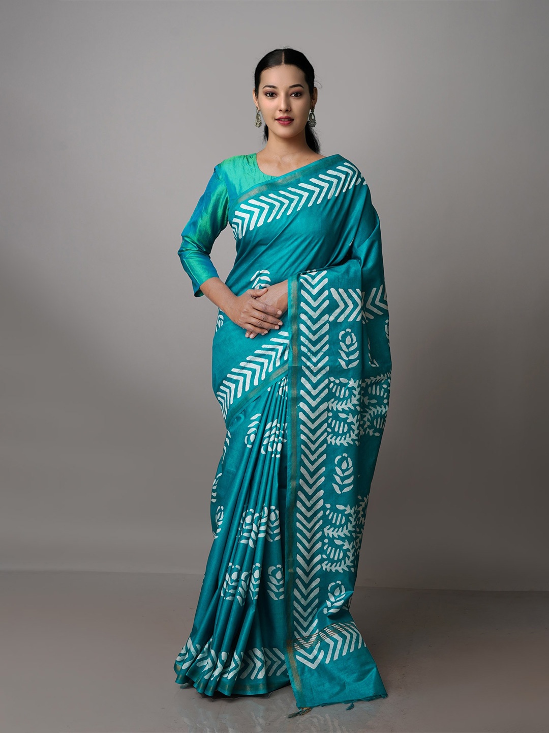 Unnati Silks Batik Printed Zari Pure Silk Chanderi Saree, Turquoise blue