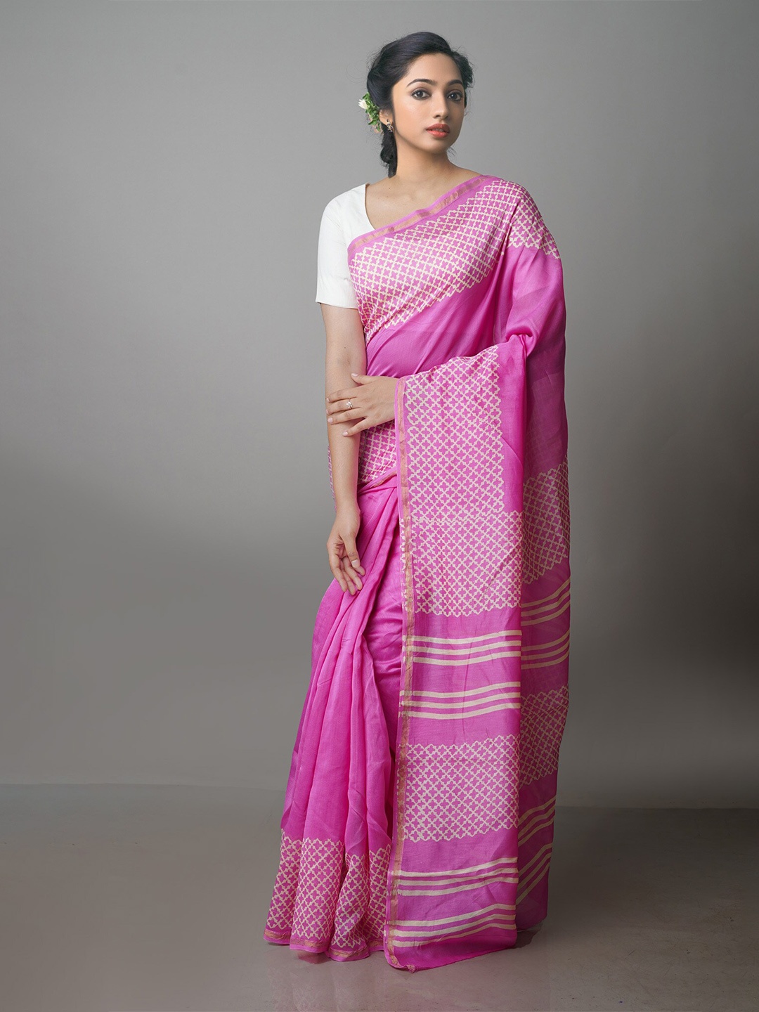 

Unnati Silks Ethnic Motif Printed Zari Silk Cotton Chanderi Saree, Pink