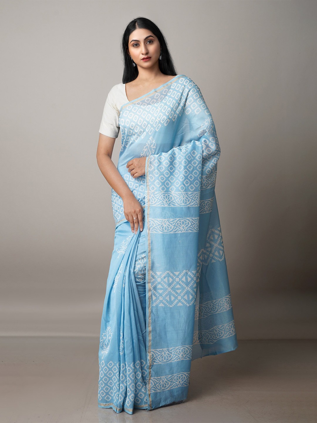 

Unnati Silks Ethnic Motifs Zari Silk Cotton Chanderi Saree, Blue