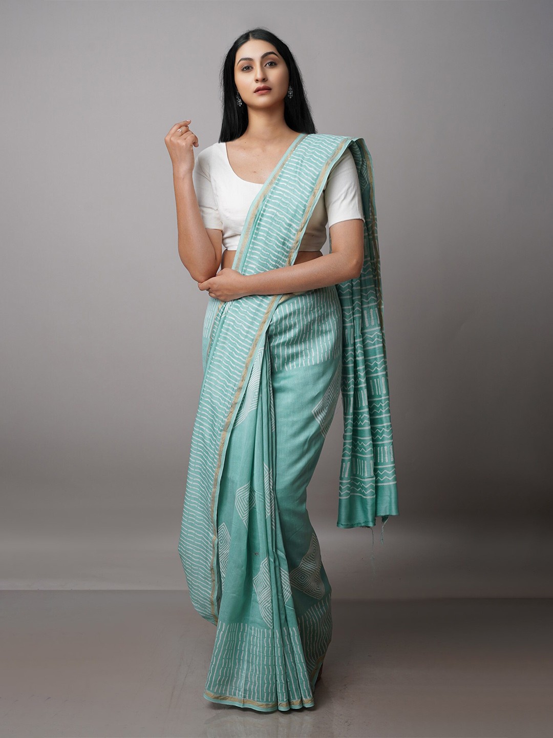 

Unnati Silks Block Printed Zari Silk Cotton Chanderi Saree, Turquoise blue