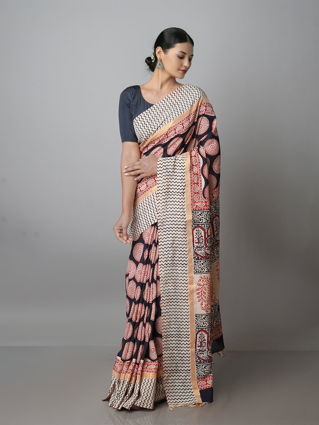 

Unnati Silks Ethnic Motifs Zari Silk Cotton Chanderi Saree, Black