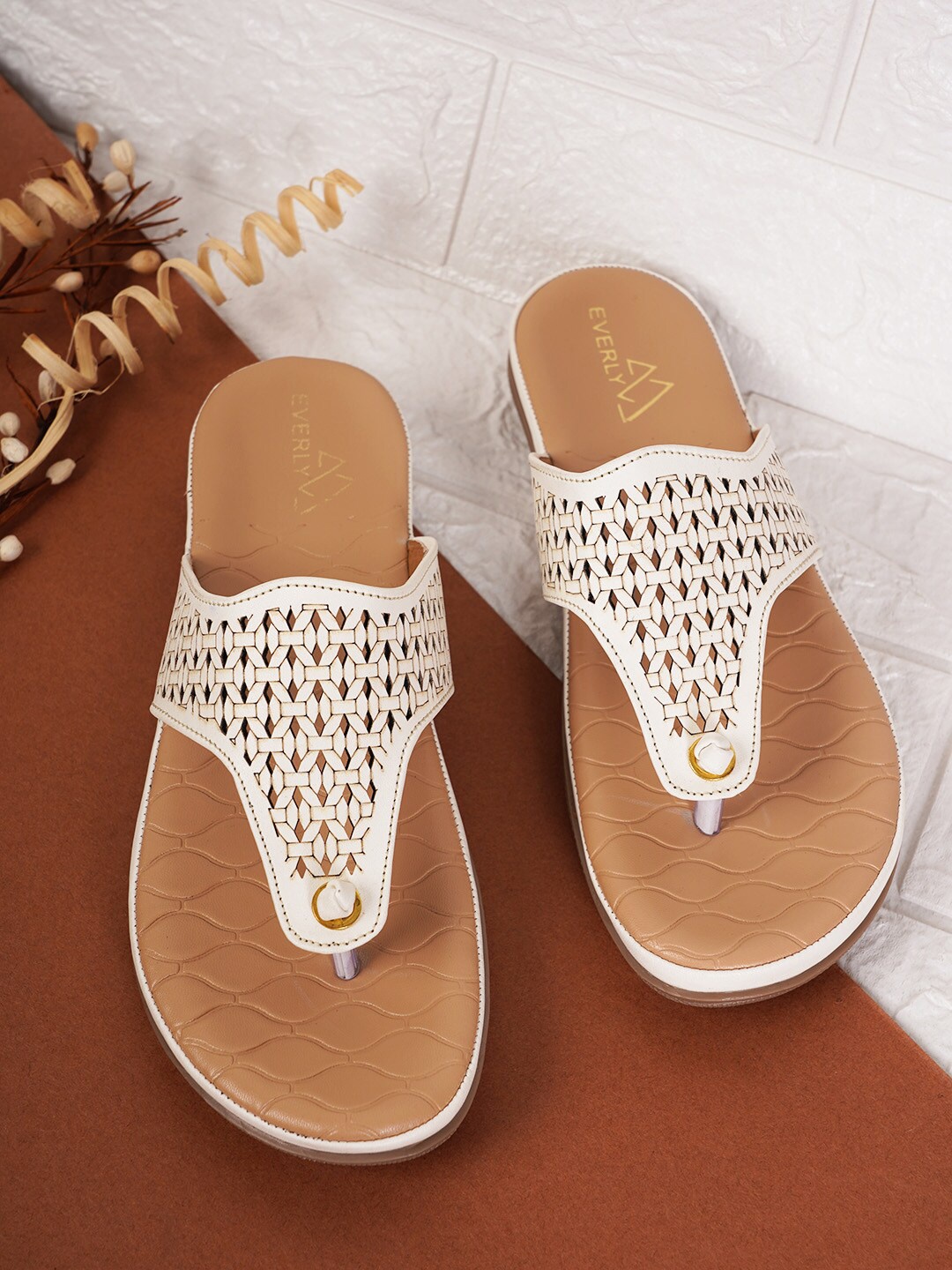 EVERLY Laser Cuts Ortho T-Strap Flats, White