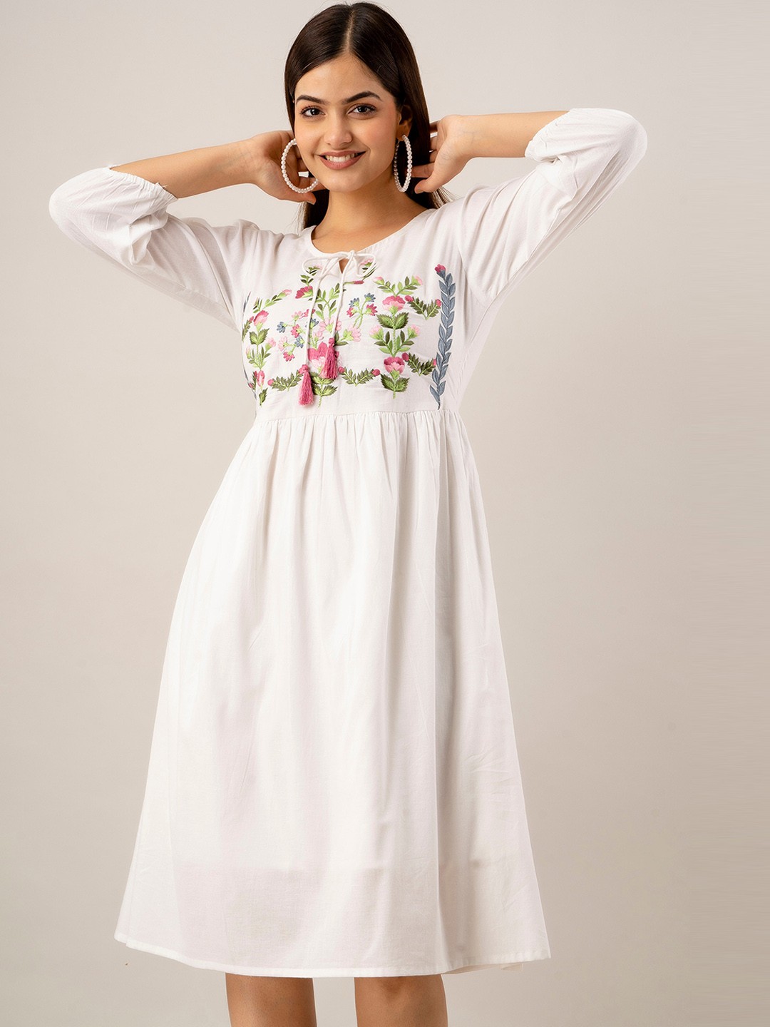 

KALINI Floral Embroidered Tie-Up Neck Fit & Flare Cotton Ethnic Dress, White