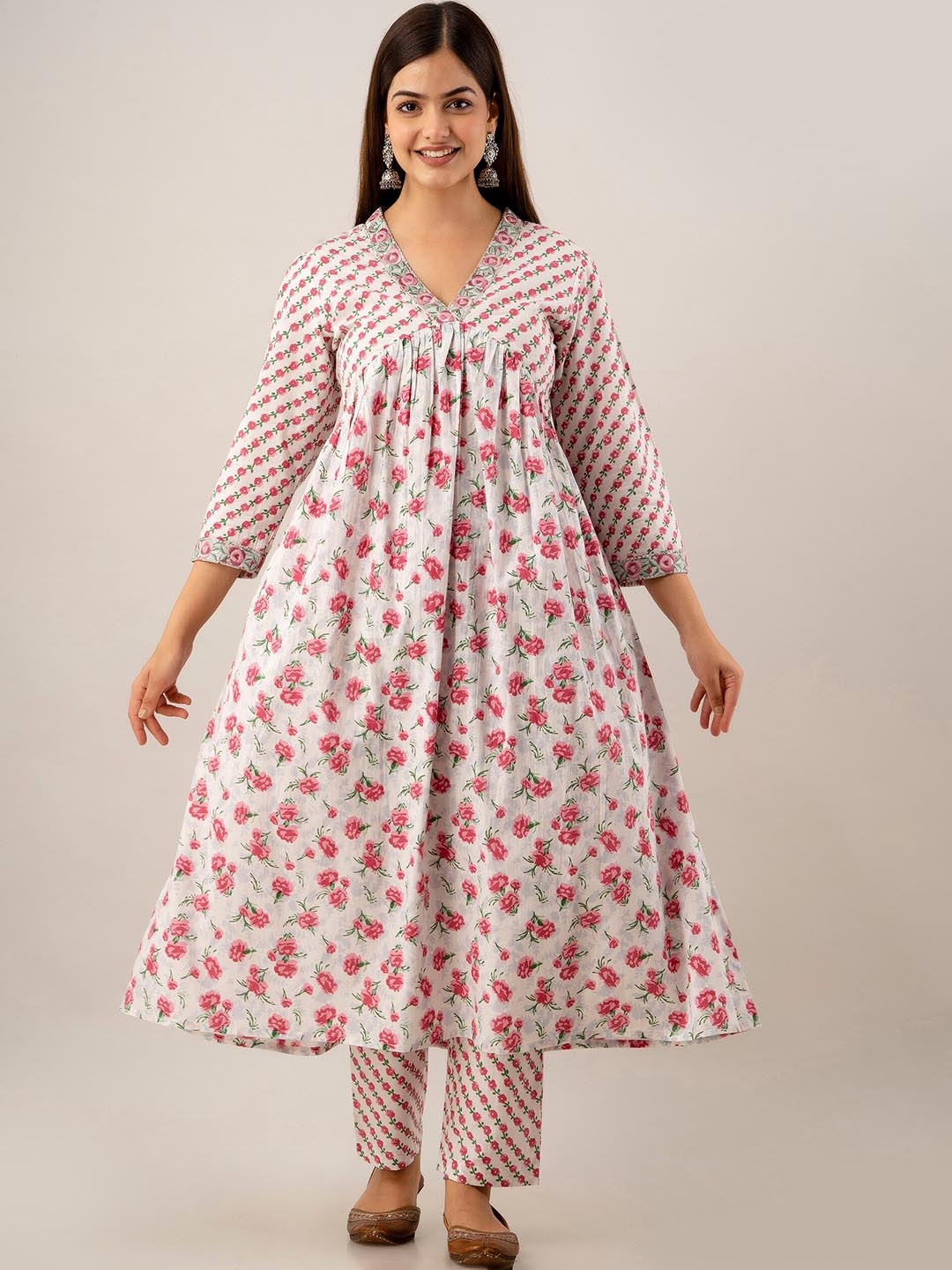 

KALINI Floral Printed V Neck Empire Thread Work Pure Cotton Kurta With Trousers & Dupatta, White