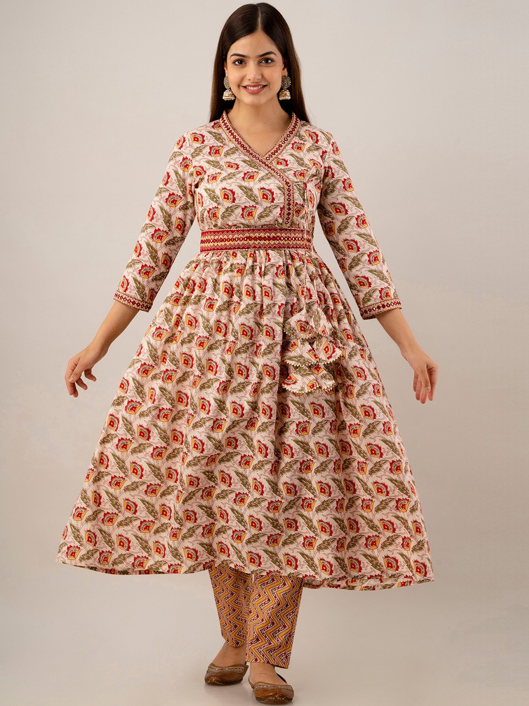

KALINI Floral Printed Angrakha Mirror Work Pure Cotton Kurta with Trousers, Brown