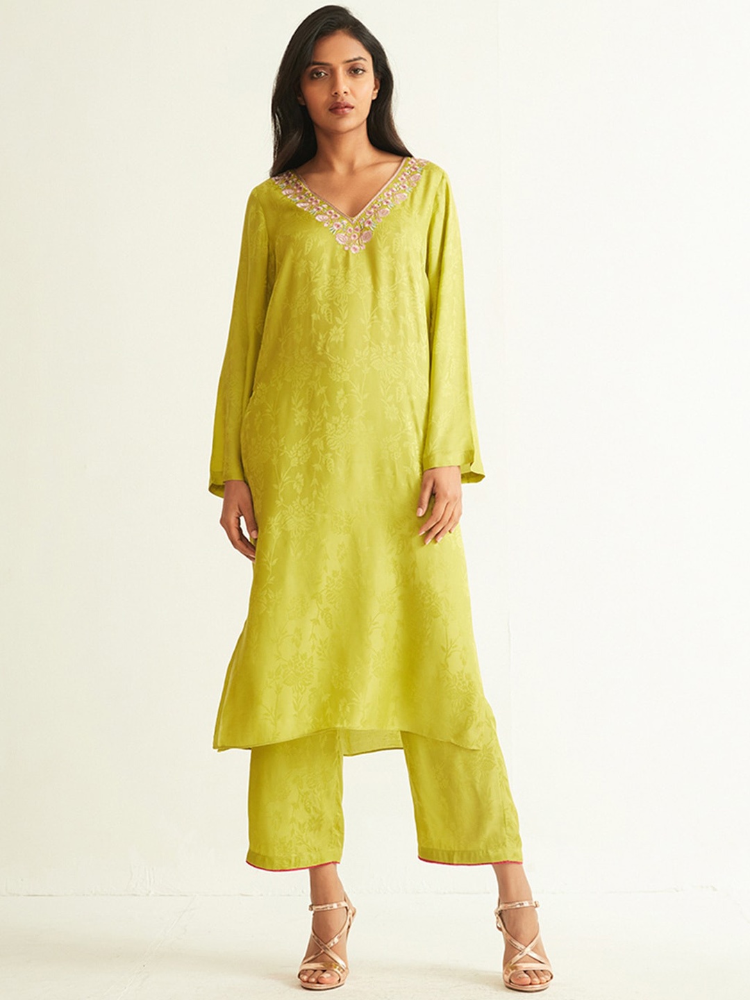 

Ancestry Floral Printed Thread Work Straight Kurta, Lime green