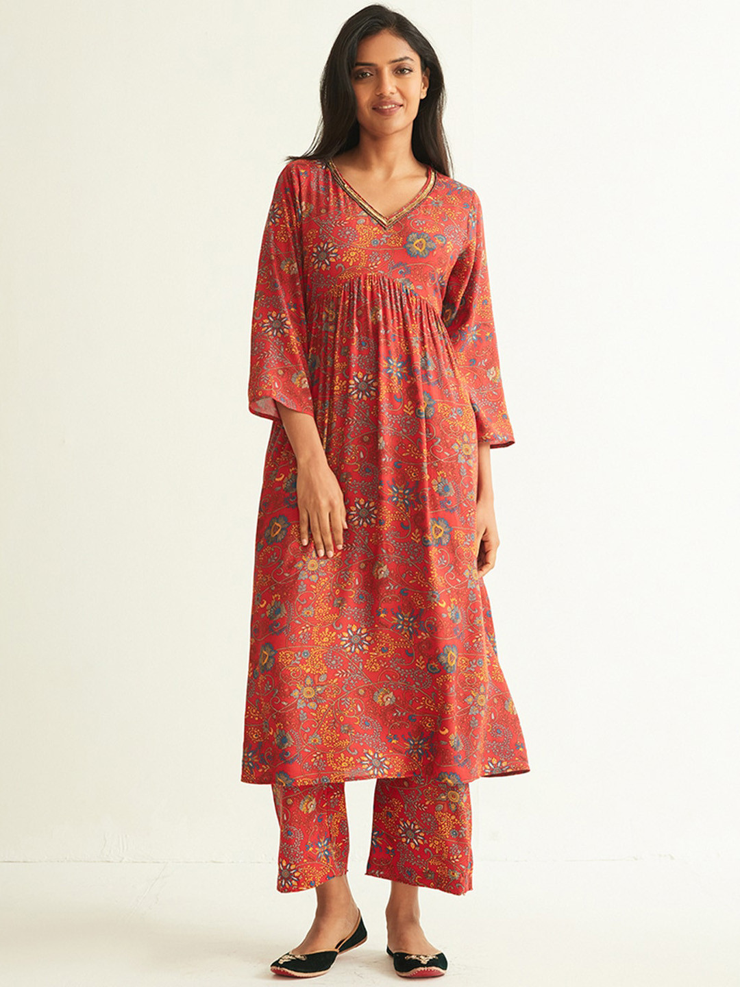 

Ancestry Floral Printed Pleated A-Line Kurta, Red