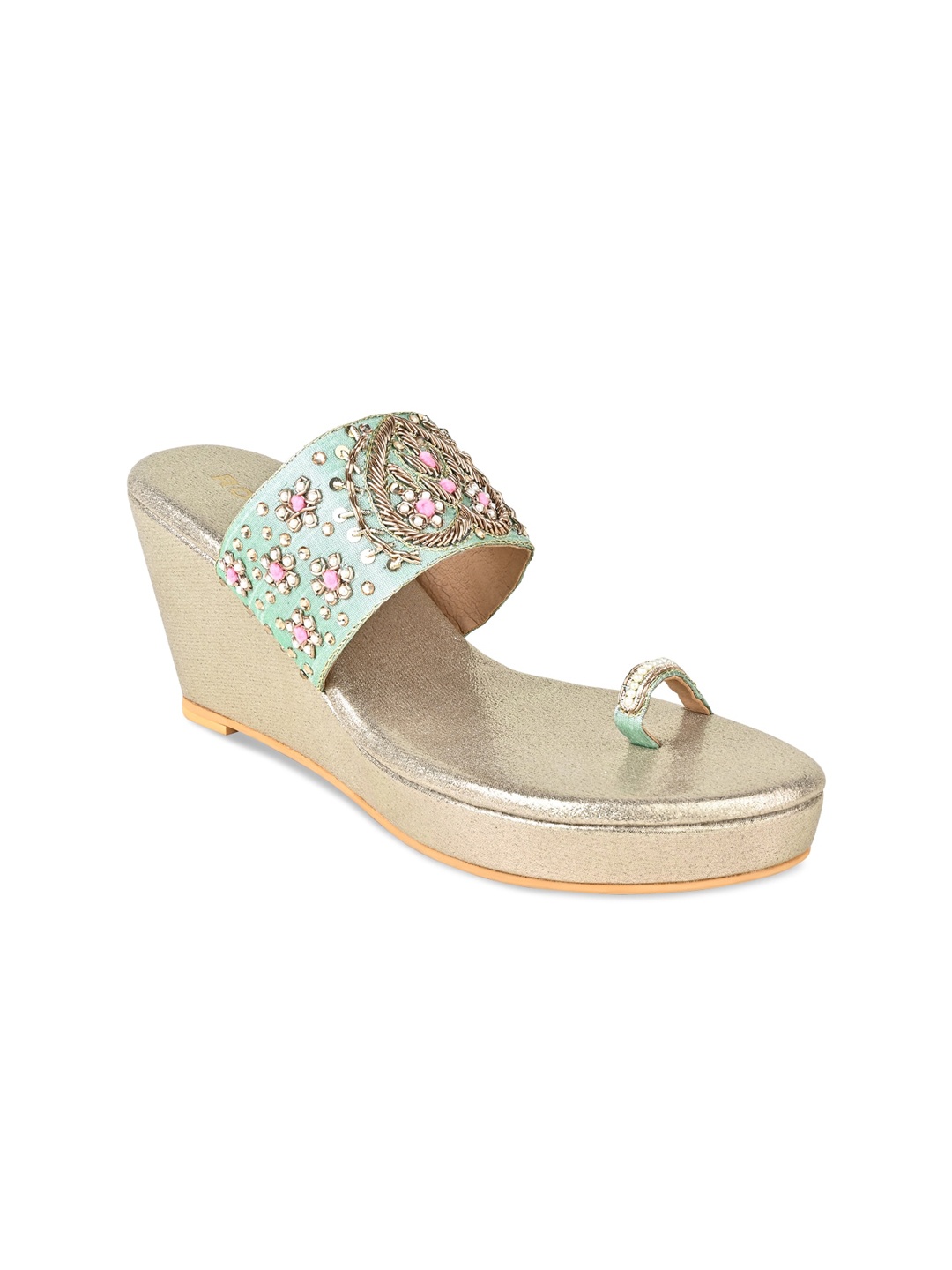 

Rocia Embellished Ethnic Wedge Heels, Sea green