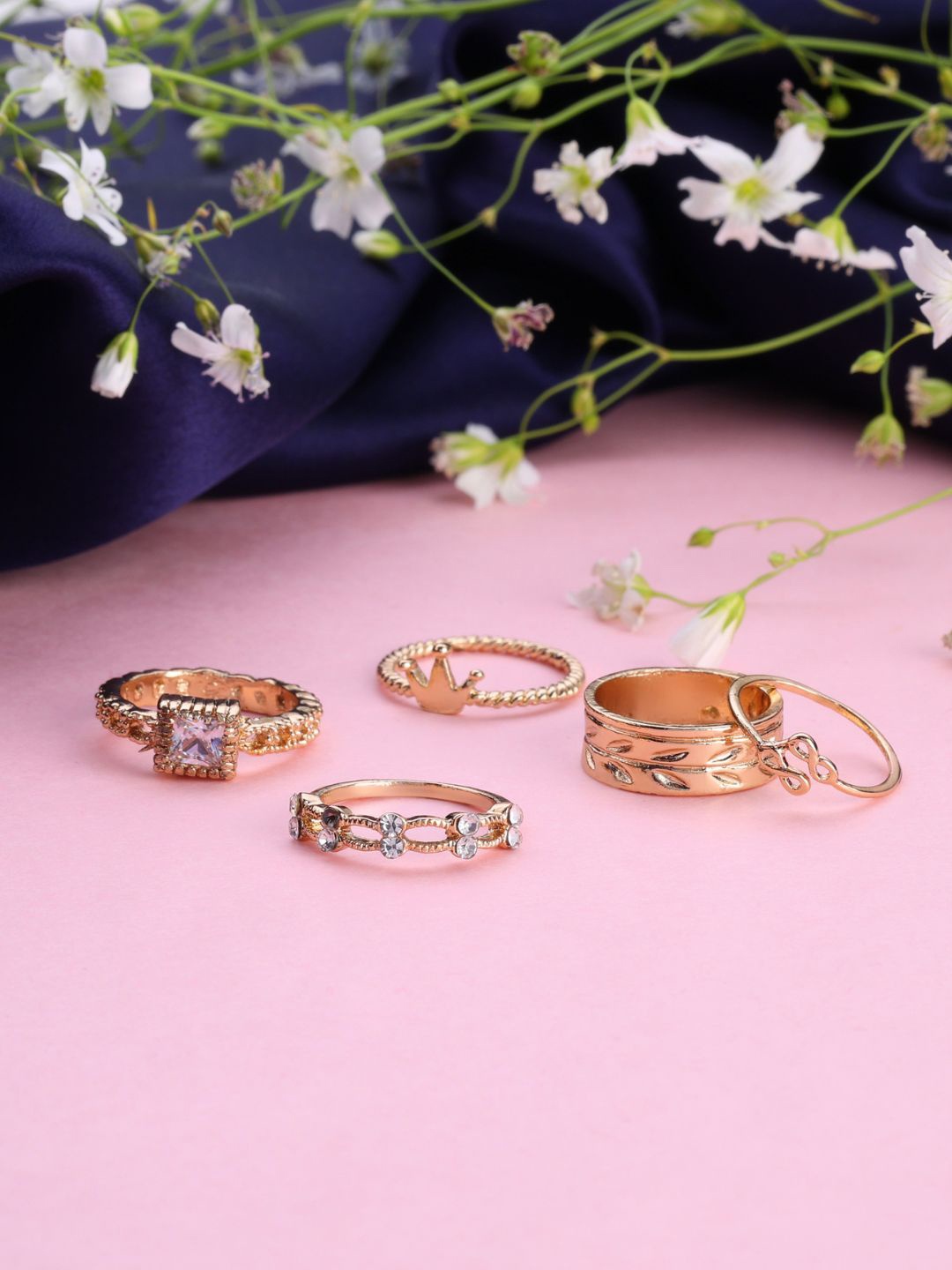 

AccessHer Set Of 5 Gold-Plated Stone Studded Finger Rings