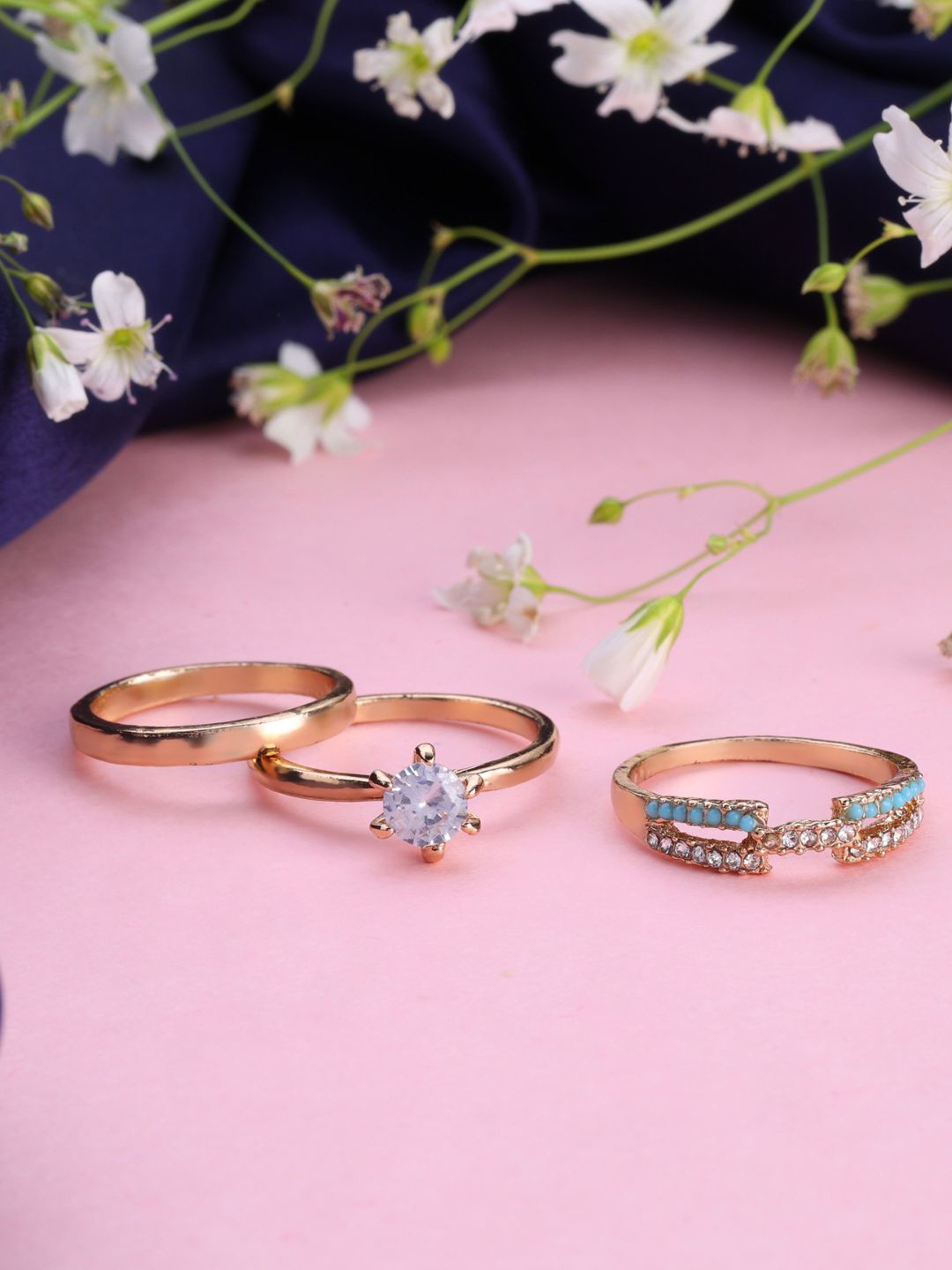 

AccessHer Set Of 3 Gold-Plated Stone Studded Finger Rings