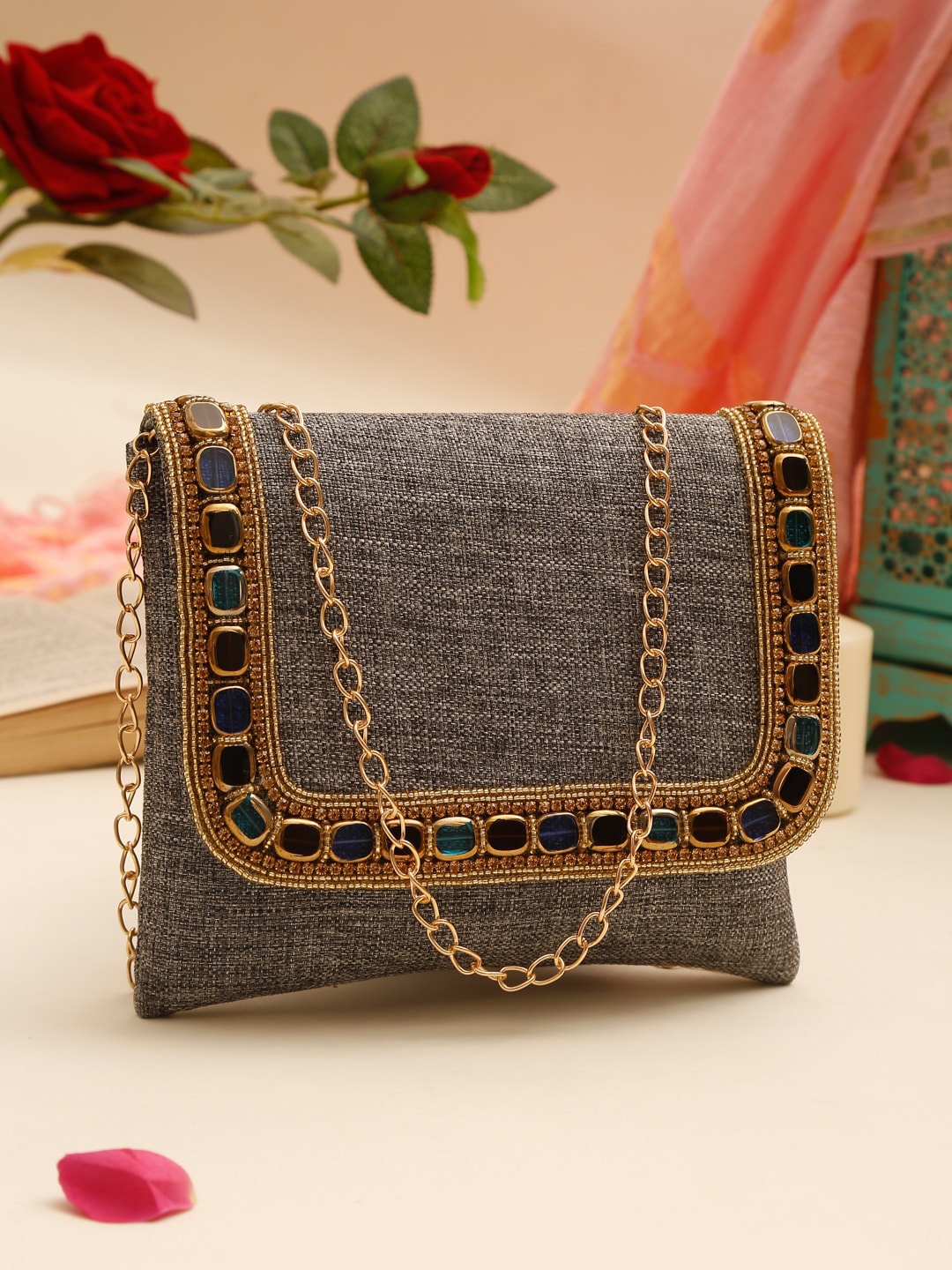 

GLAM STORY Women Embellished Purse Clutch With Shoulder Strap, Grey