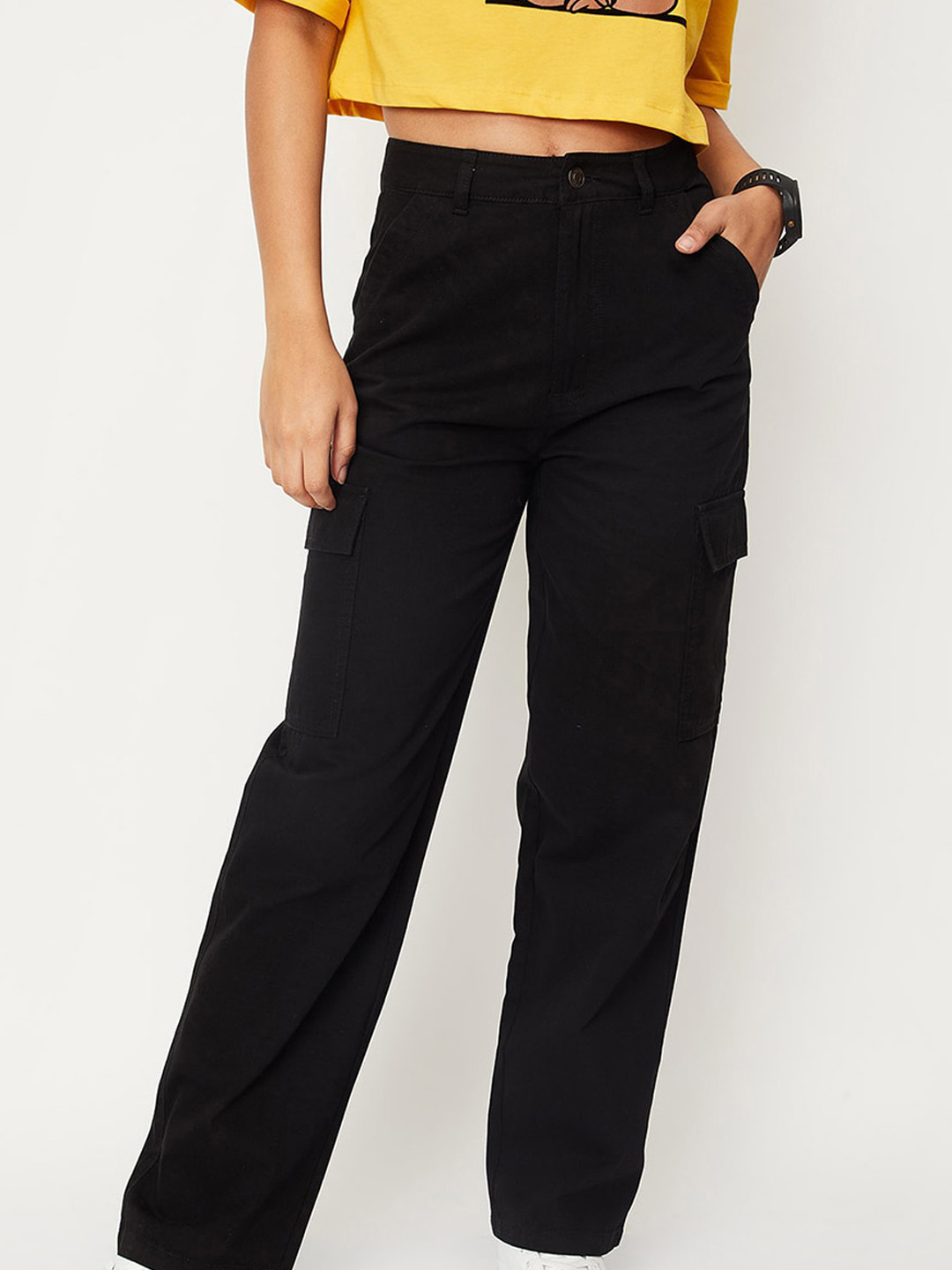 

max Women Mid-Rise Pure Cotton Cargos, Black