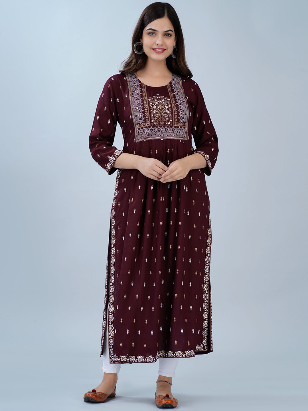 

KALINI Ethnic Motifs Printed Thread Work A-Line Kurta, Maroon