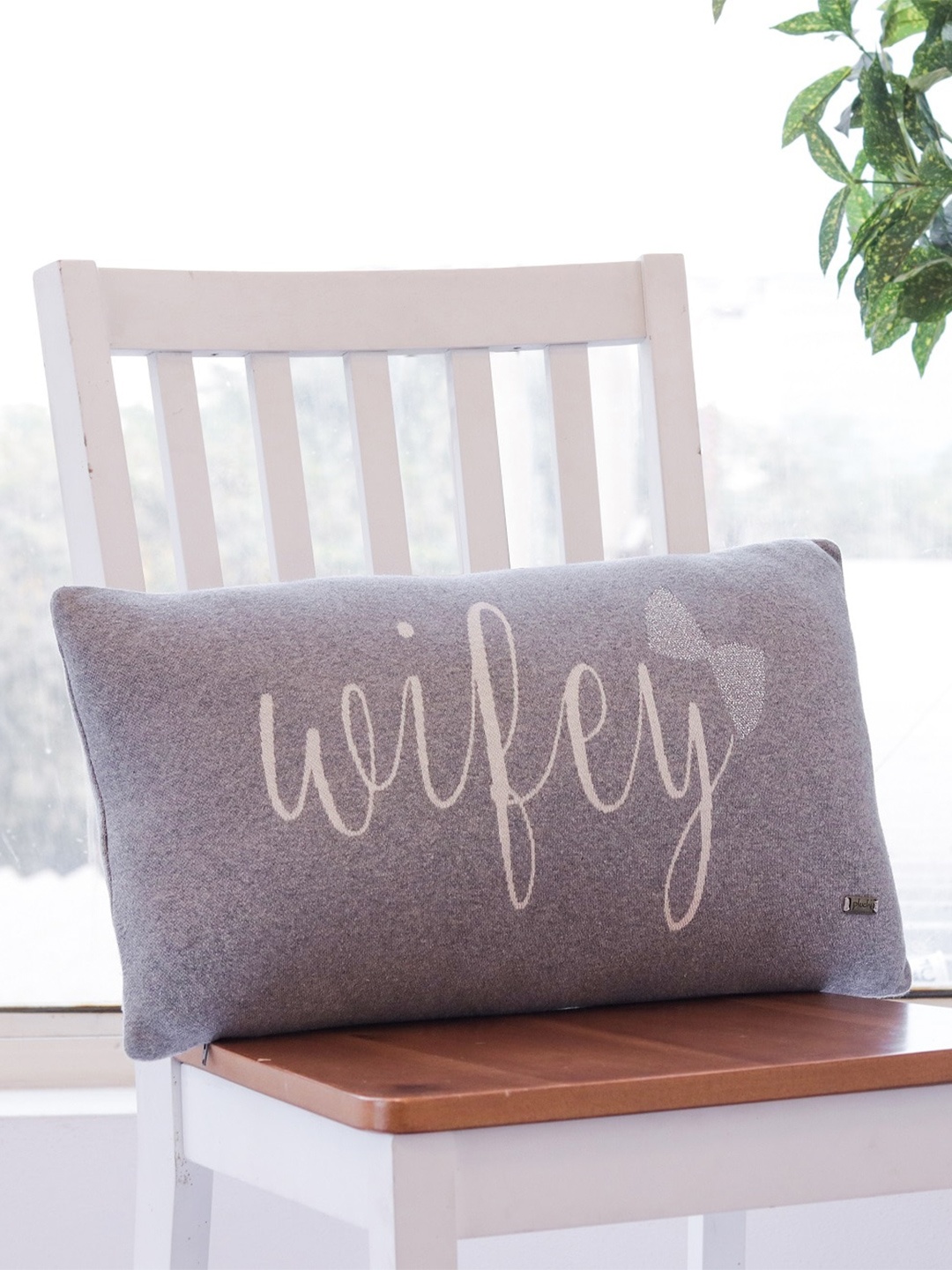 

Pluchi Hubby Wifey Grey & Black 2 Pieces Printed Rectangle Cotton Knitted Cushion Cover