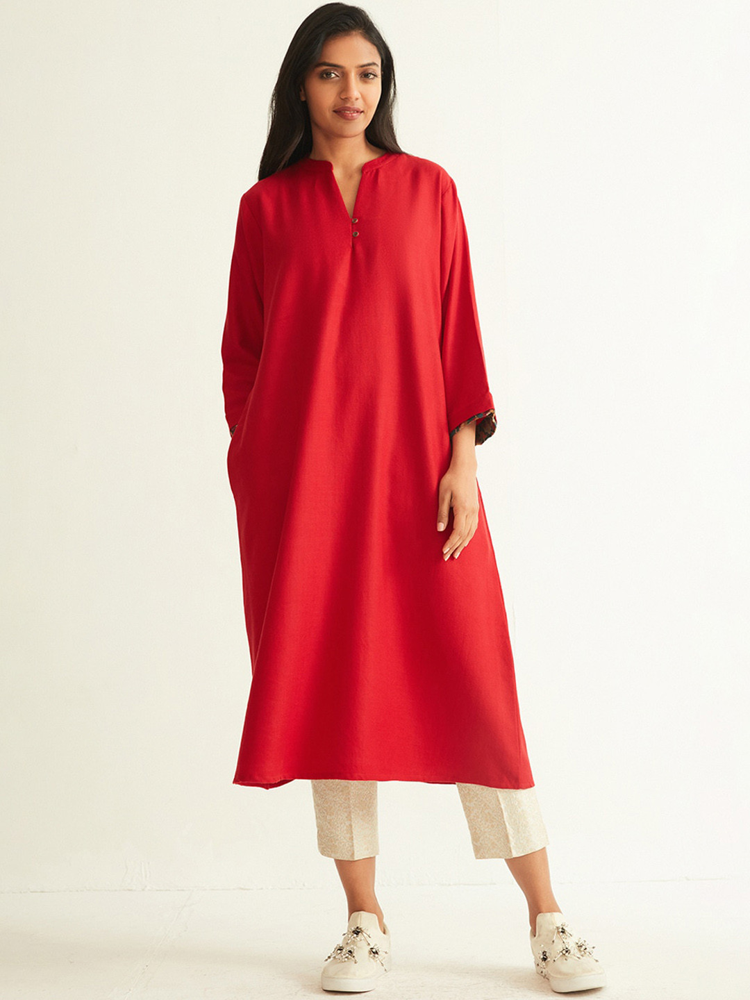 

Ancestry Mandarin Collar Straight Cotton Wool Kurta, Red