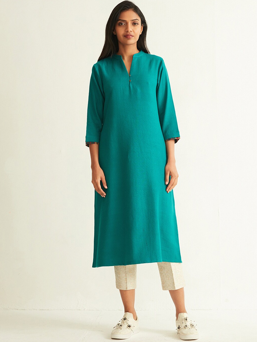 

Ancestry Mandarin Collar Straight Regular Kurta, Teal