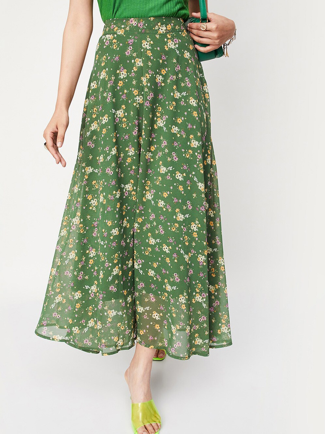 

max Printed Flared Maxi Skirt, Green