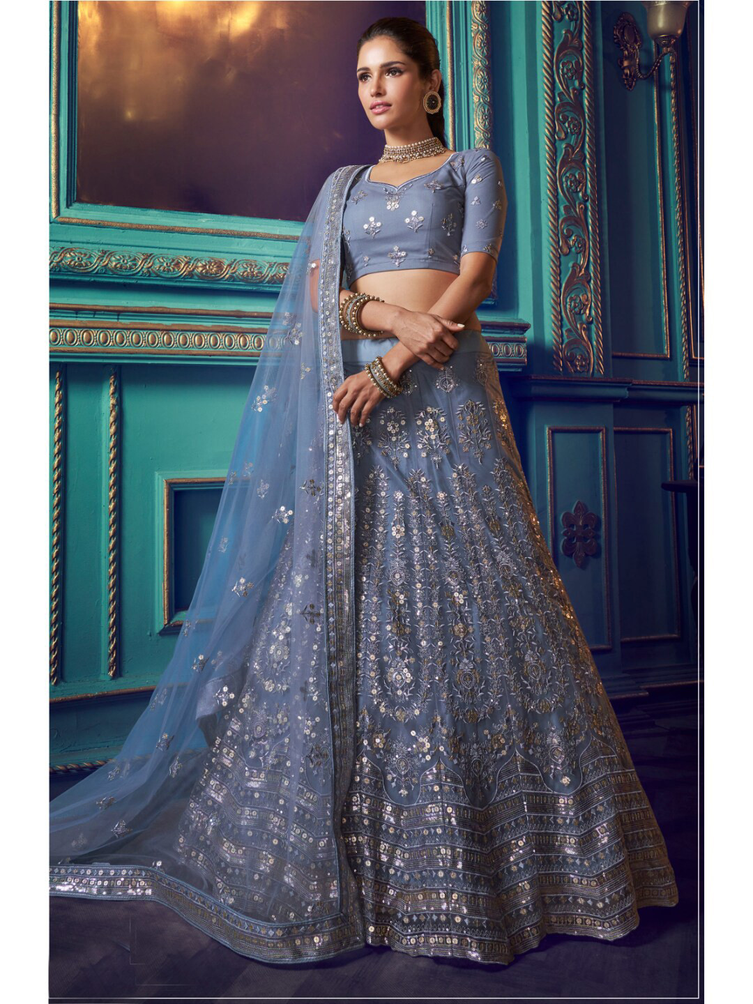 

Angroop Embroidered Thread Work Semi-Stitched Lehenga & Unstitched Blouse With Dupatta, Blue