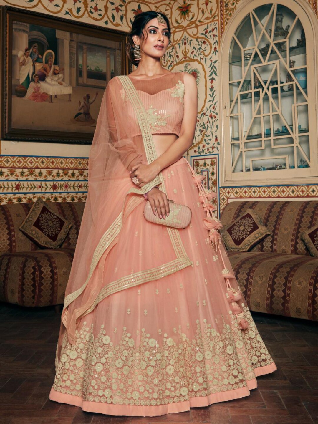 

Angroop Embroidered Sequinned Semi-Stitched Lehenga Choli With Dupatta, Peach