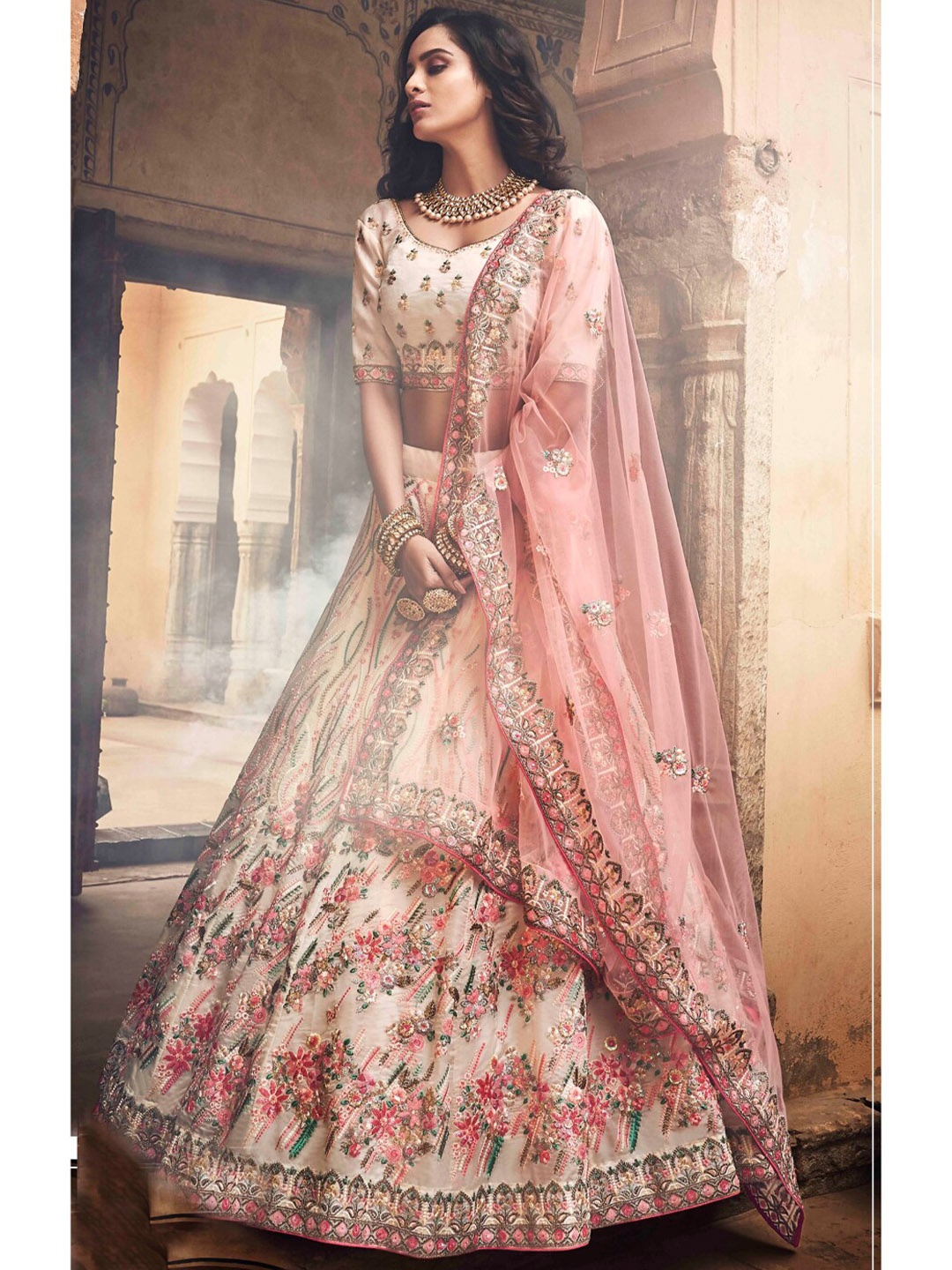 

Angroop Embroidered Semi-Stitched Lehenga & Unstitched Blouse With Dupatta, Cream
