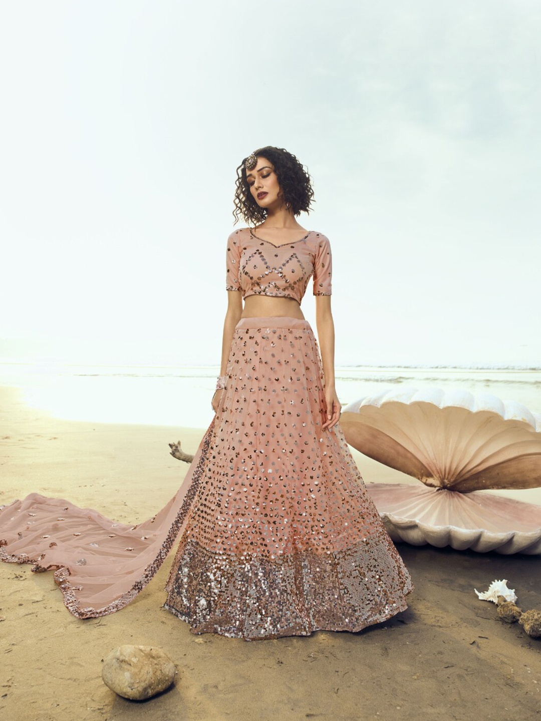 

Angroop Embellished Sequinned Semi-Stitched Lehenga Choli With Dupatta, Gold