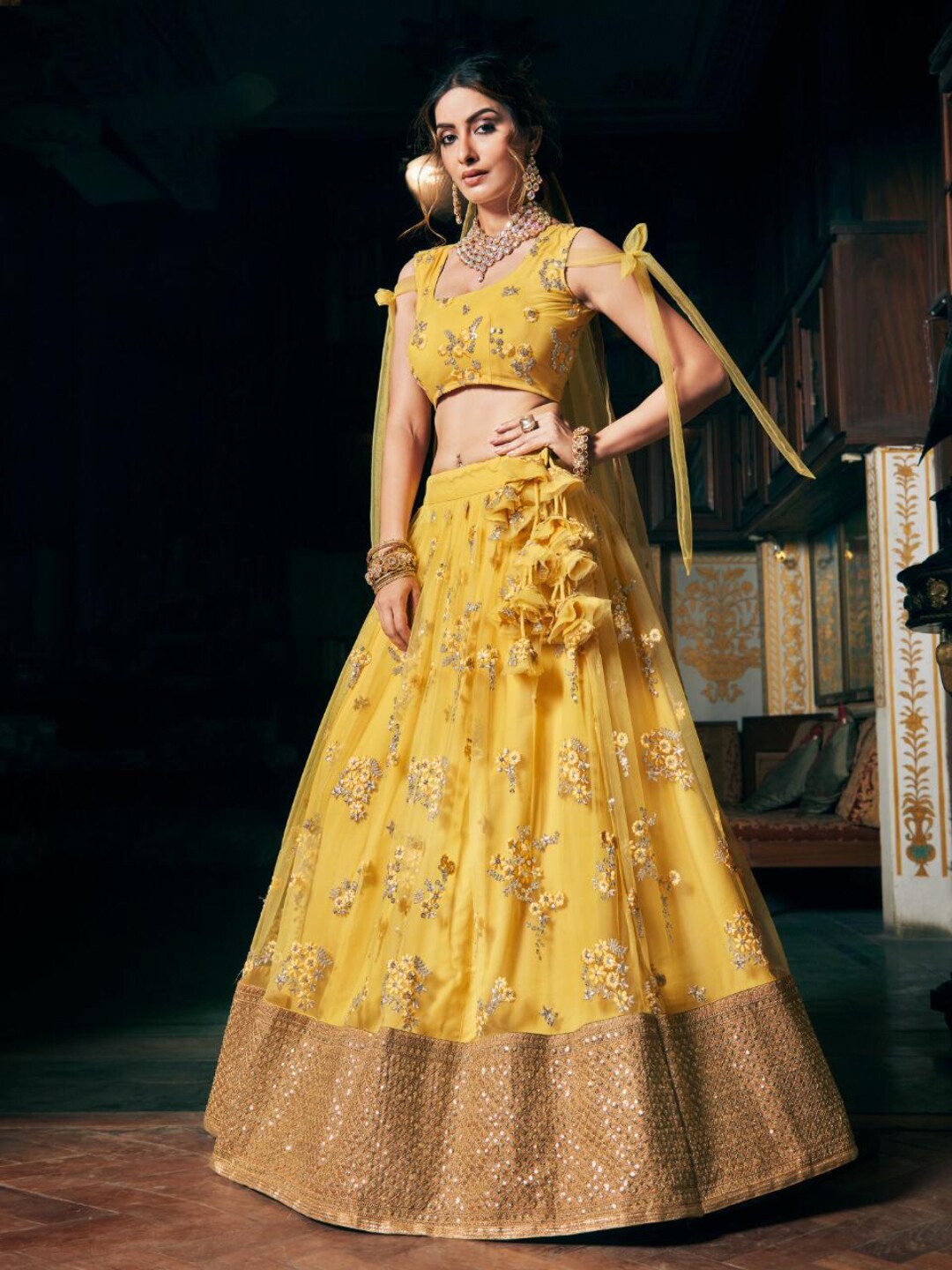 

Angroop Embroidered Sequinned Semi-Stitched Lehenga Choli With Dupatta, Yellow
