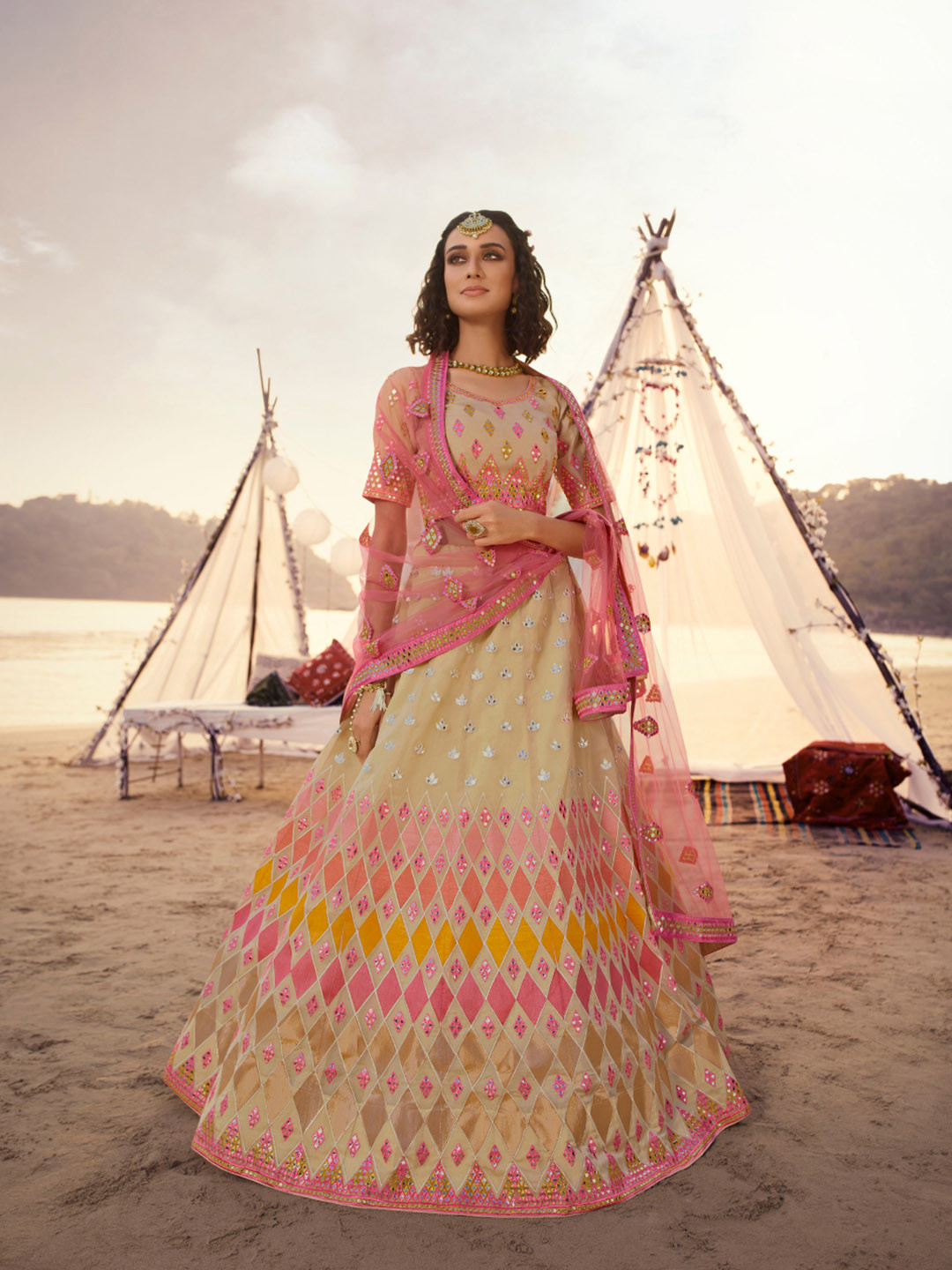 

Angroop Embroidered Mirror Work Semi-Stitched Lehenga Choli With Dupatta, Cream