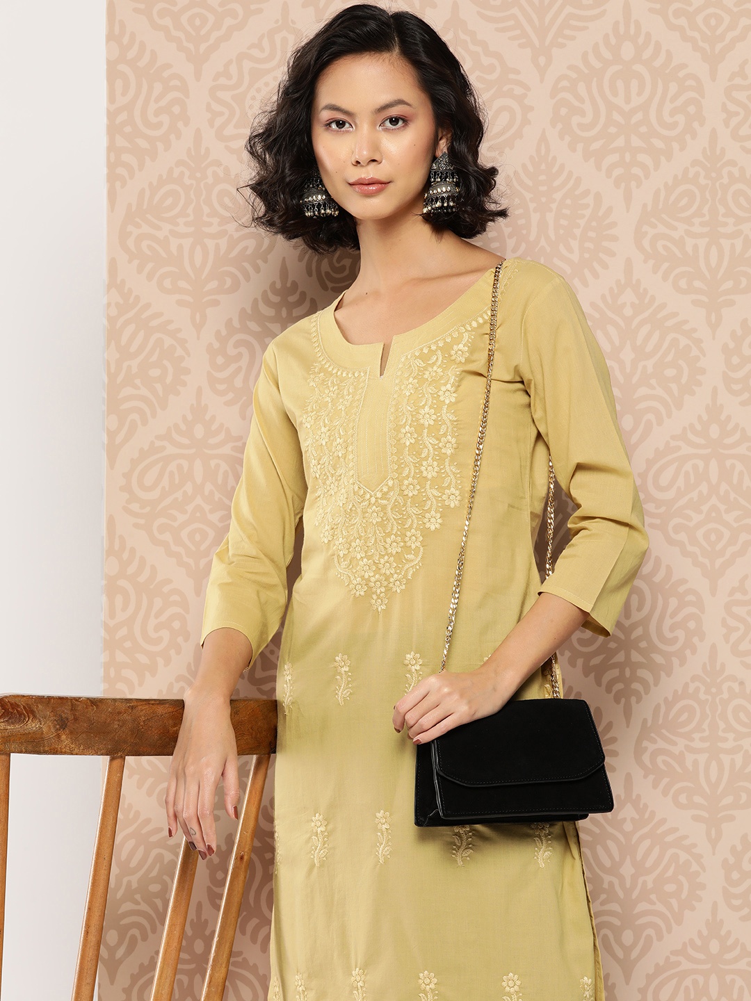 

Yufta Floral Embroidered Chikankari Cotton Kurta, Beige