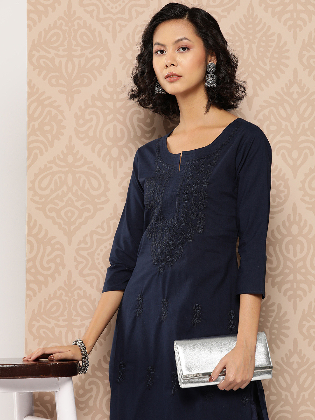 

Yufta Floral Embroidered Chikankari Cotton Kurta, Navy blue