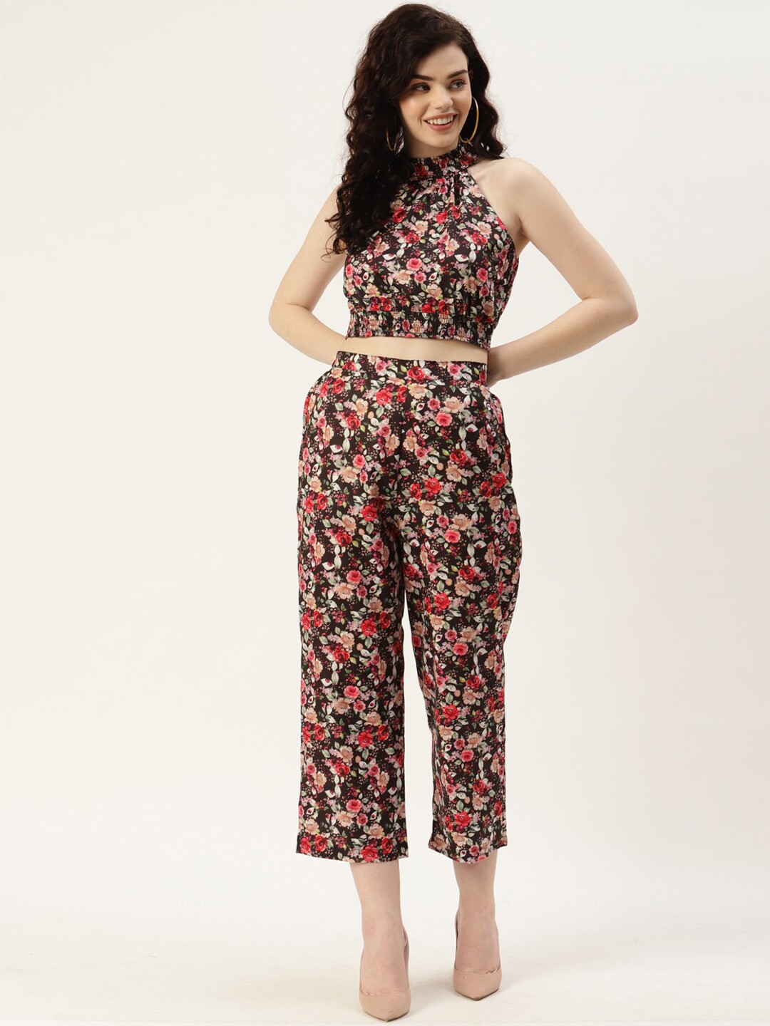 

Sleek Italia Floral Printed Crop Top With Trouser Co-Ords, Black