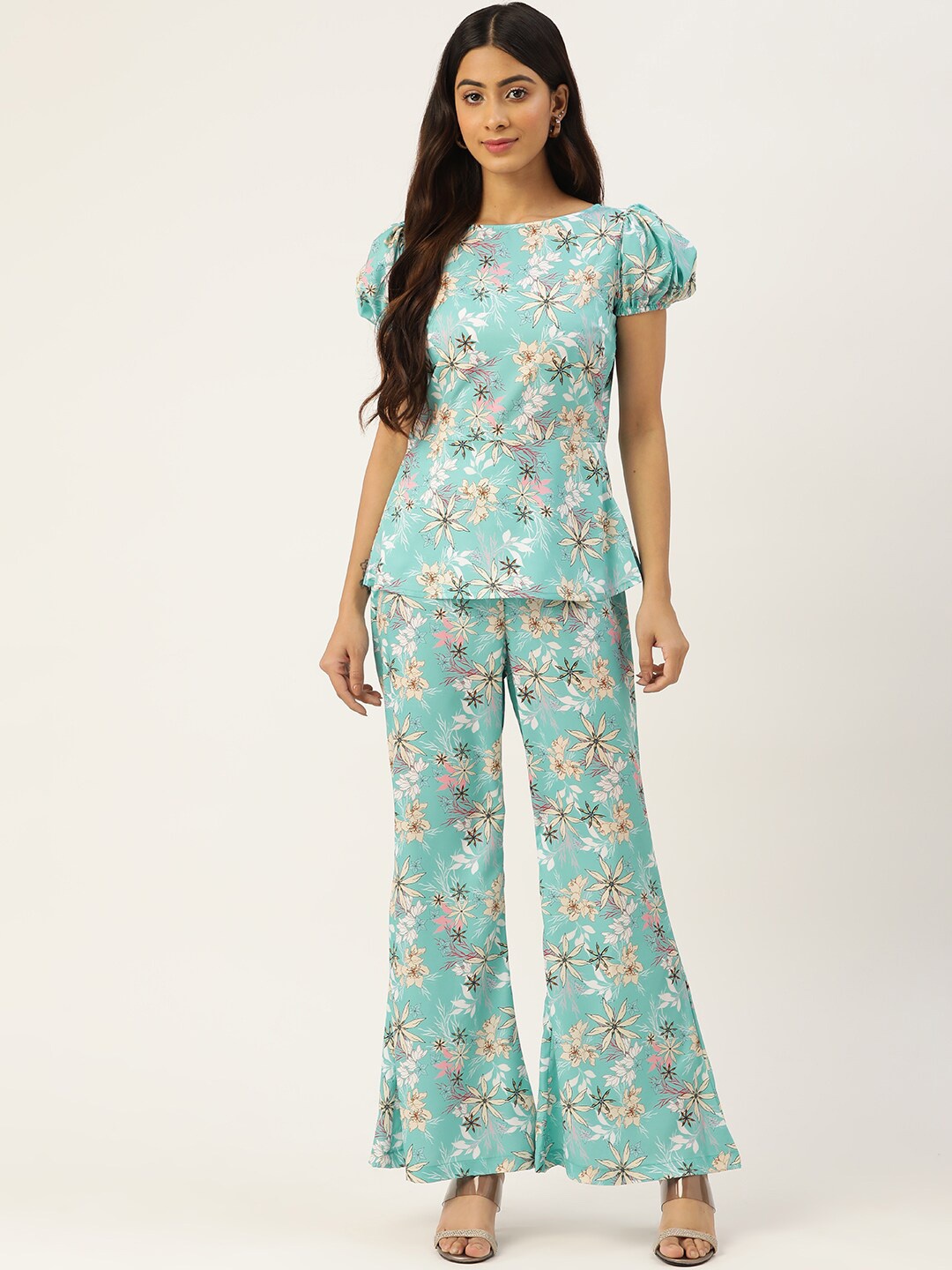 

Sleek Italia Floral Printed Top With Flared Trousers Co-Ord Set, Green