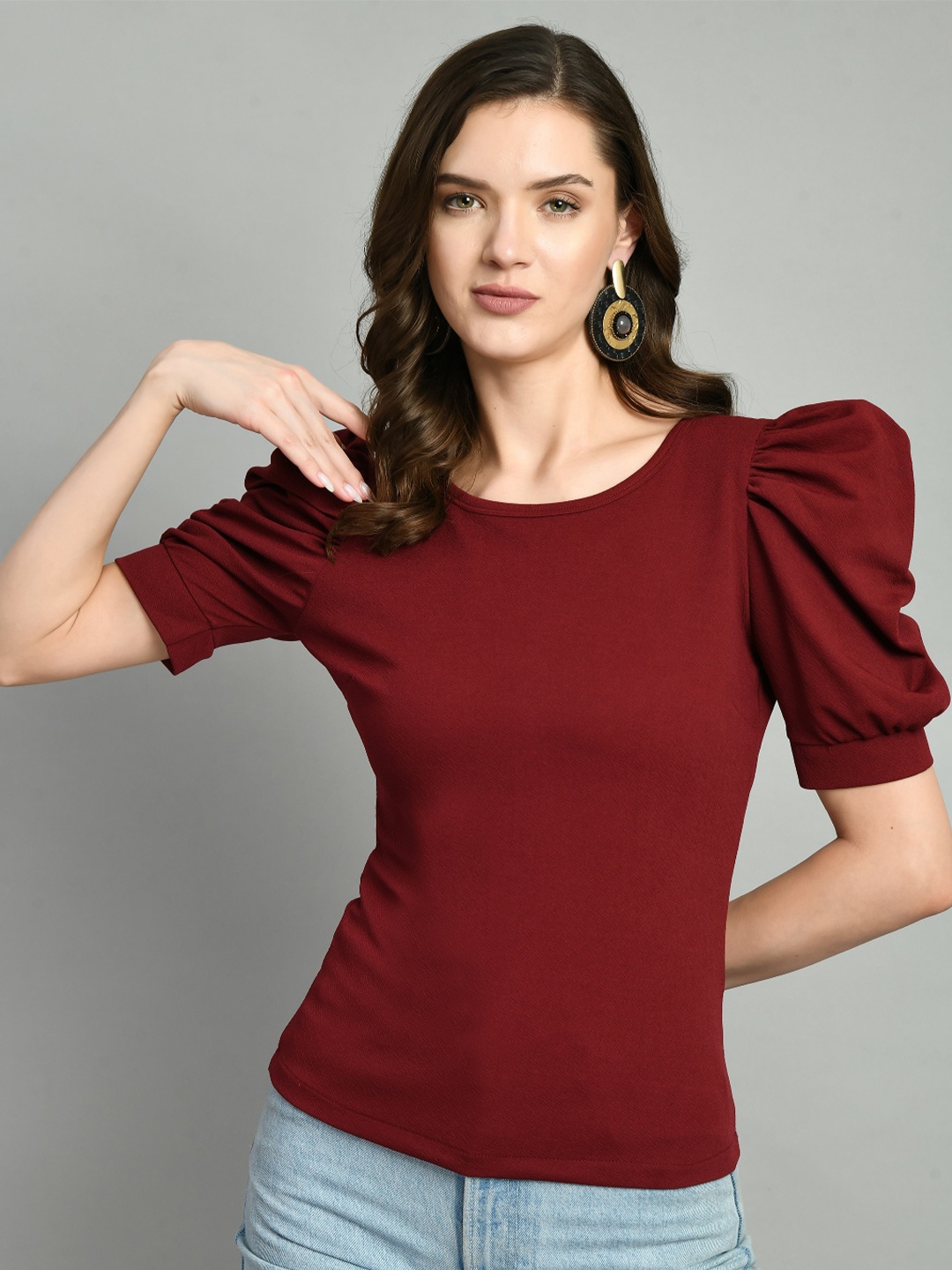 

IUGA Round Neck Puffed Sleeves Top, Maroon