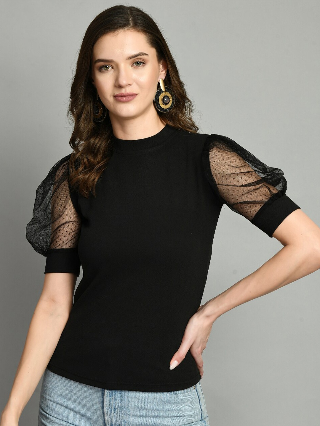 

IUGA High Neck Puff Sleeves Fitted Top, Black