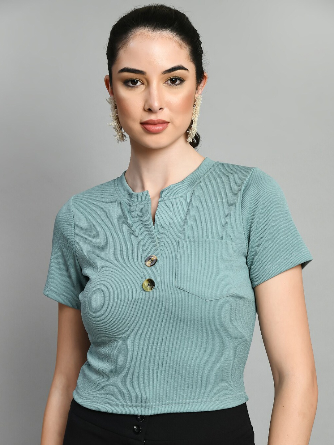 

IUGA Mandarin Collar Crop Top, Green