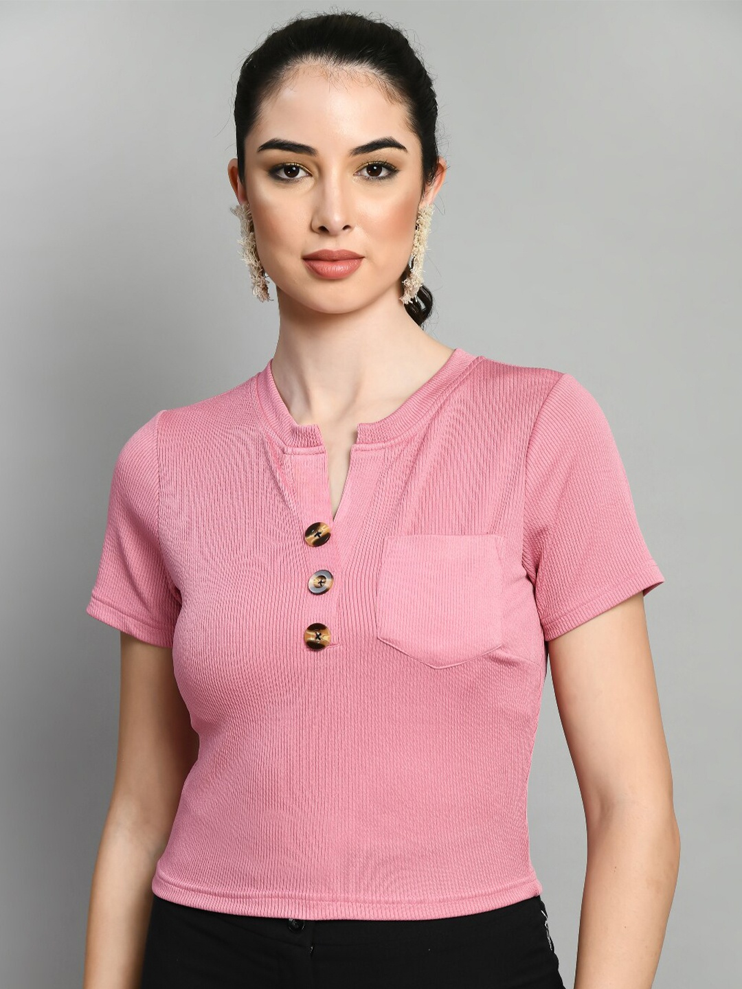 

IUGA Notched Neck Short Sleeves Crop Top, Pink