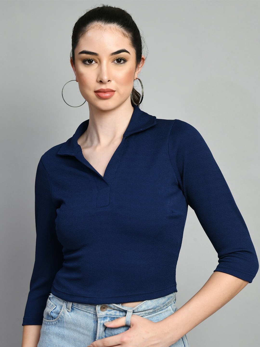 

IUGA Shirt Collar Three Quarter Sleeves Regular Top, Navy blue