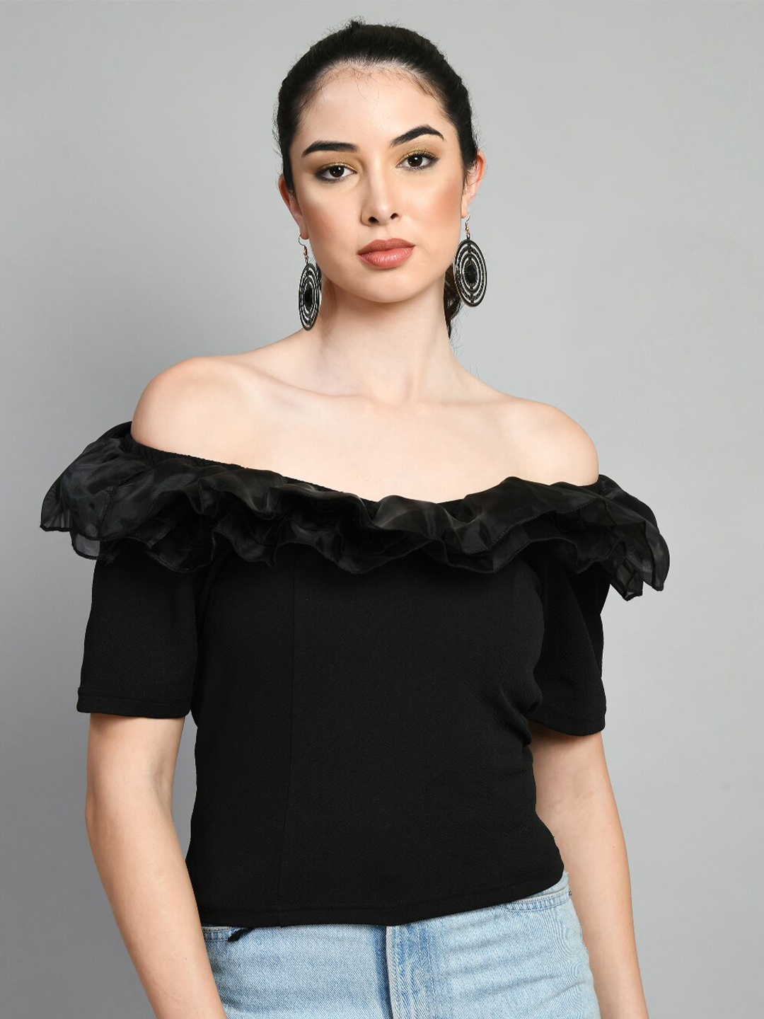 

IUGA Off-Shoulder Short Sleeves Ruffled Bardot Top, Black