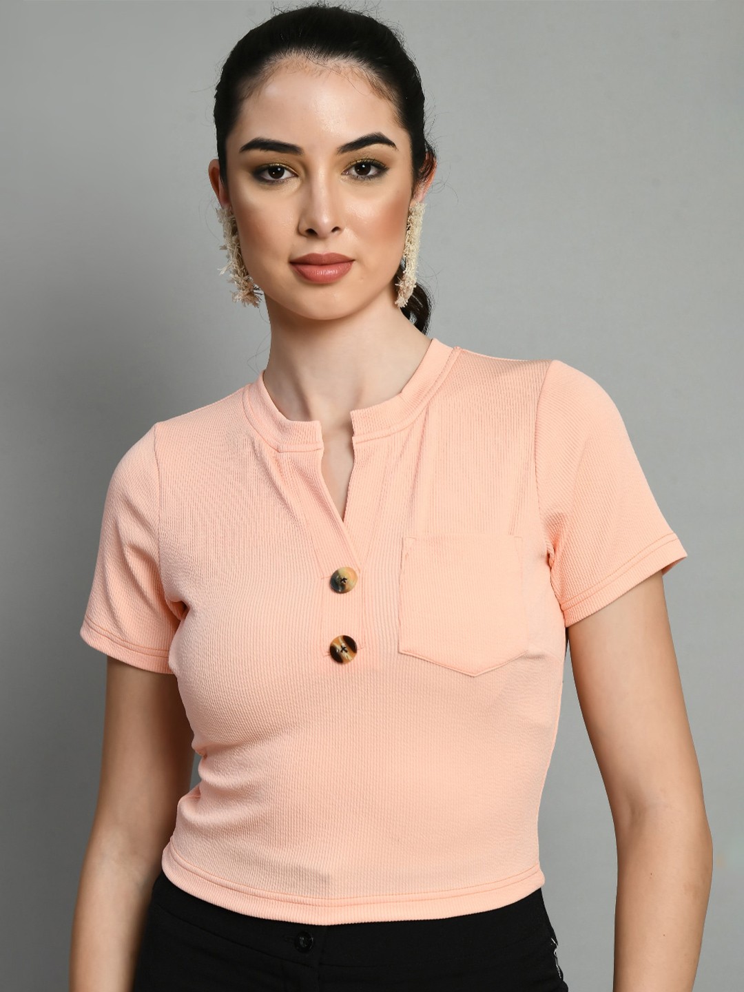 

IUGA Notched Neck Short Sleeves Crop Top, Peach