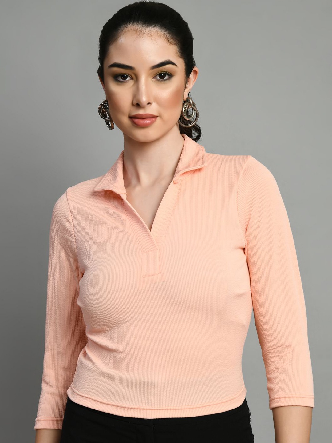 

IUGA Shirt Collar Three Quarter Sleeves Regular Top, Peach