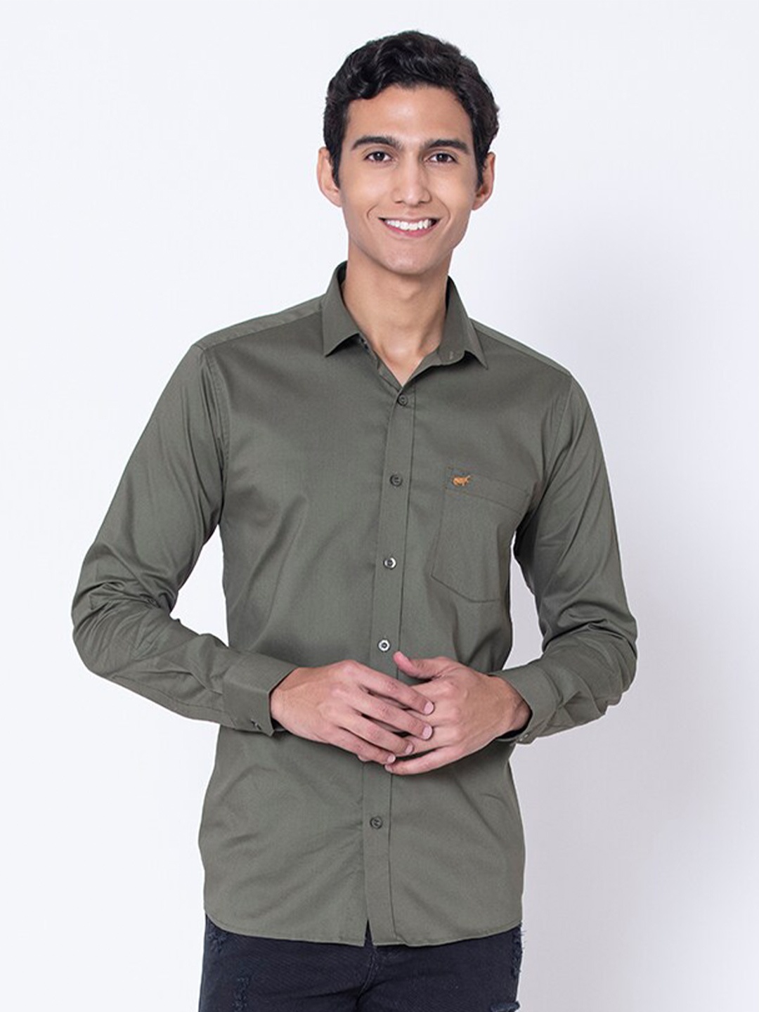 

BRACLO Spread Collar Cotton Casual Shirt, Olive
