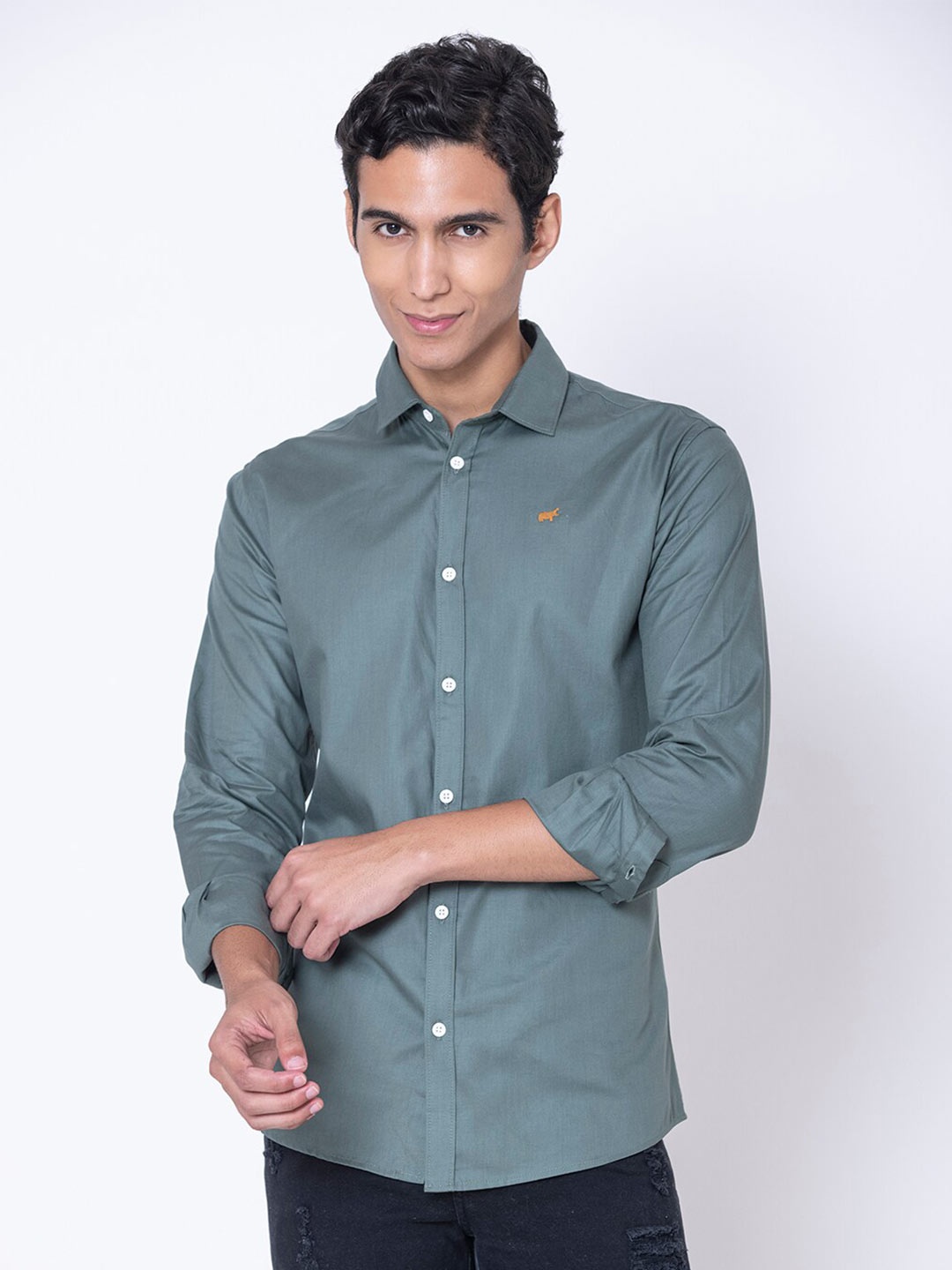 

BRACLO Spread Collar Cotton Casual Shirt, Olive