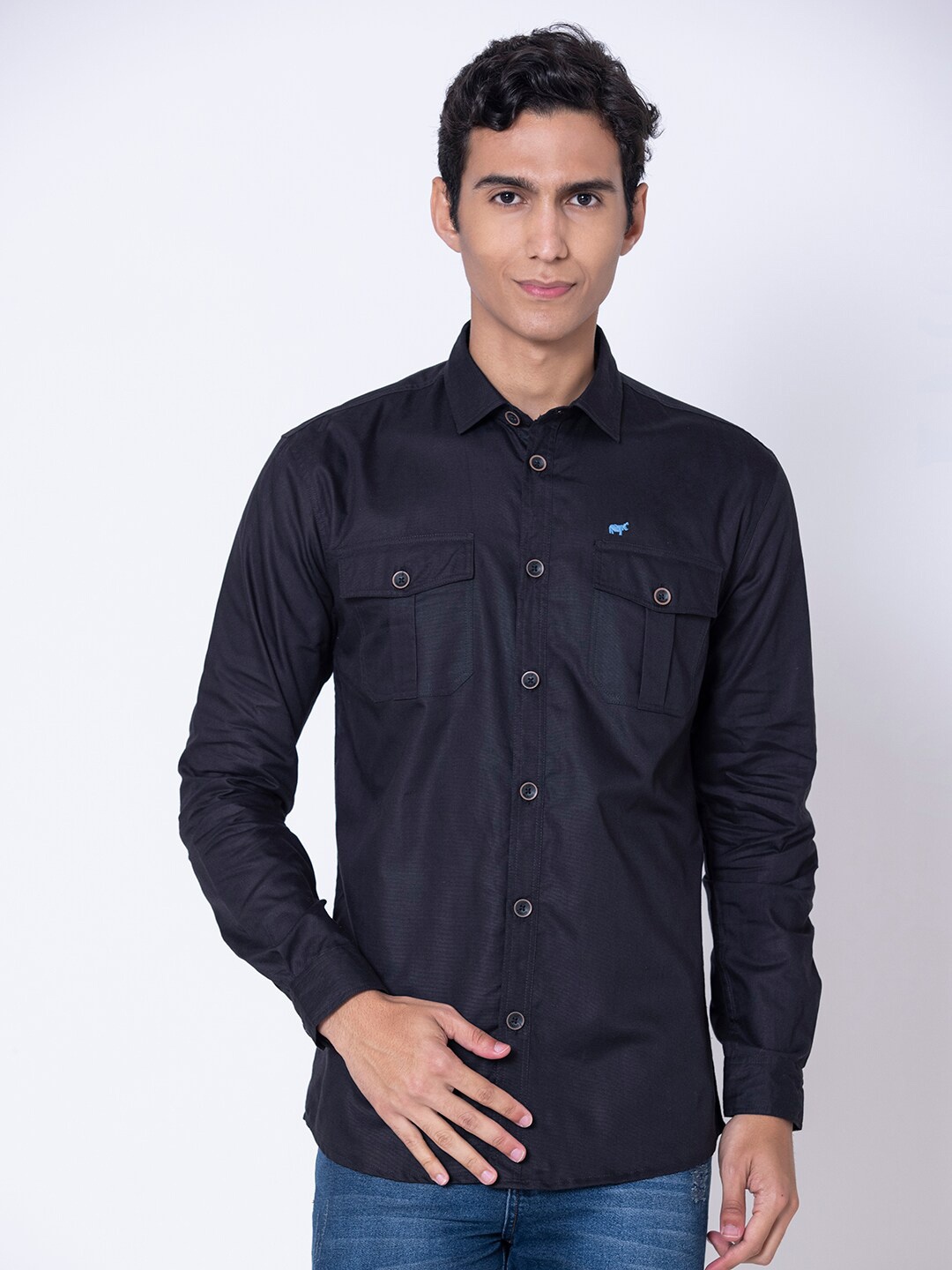 

BRACLO Spread Collar Oxford Cotton Casual Shirt, Black