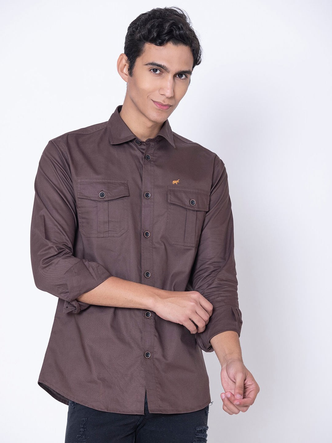 

BRACLO Spread Collar Oxford Cotton Casual Shirt, Coffee brown