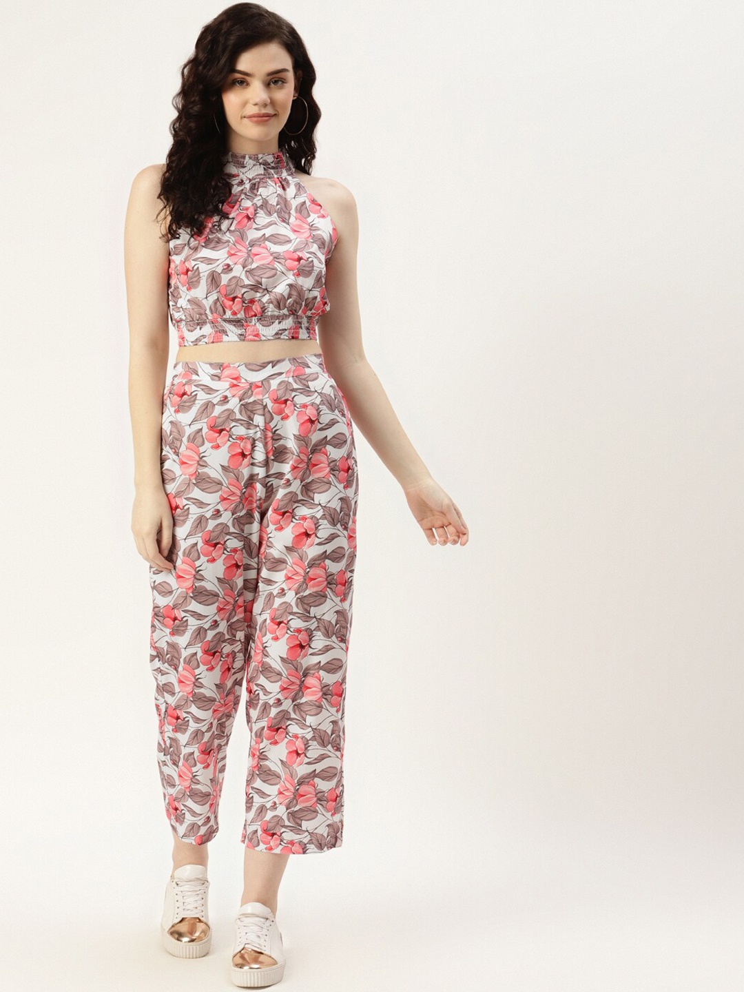 

Sleek Italia Floral Printed Crop Top With Trouser Co-Ord Set, White